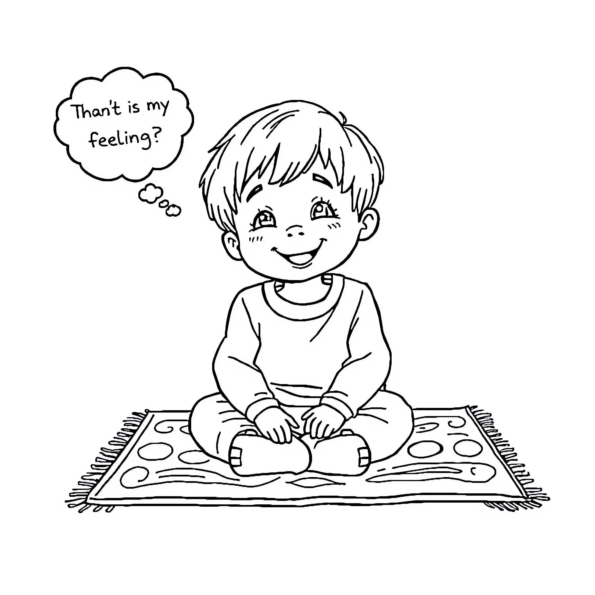 Child expressing emotions on a patterned rug Coloring Page (free black-and-white line drawing printable PDF for all, from beginners to advanced learners, including children, teens, adults, and seniors)