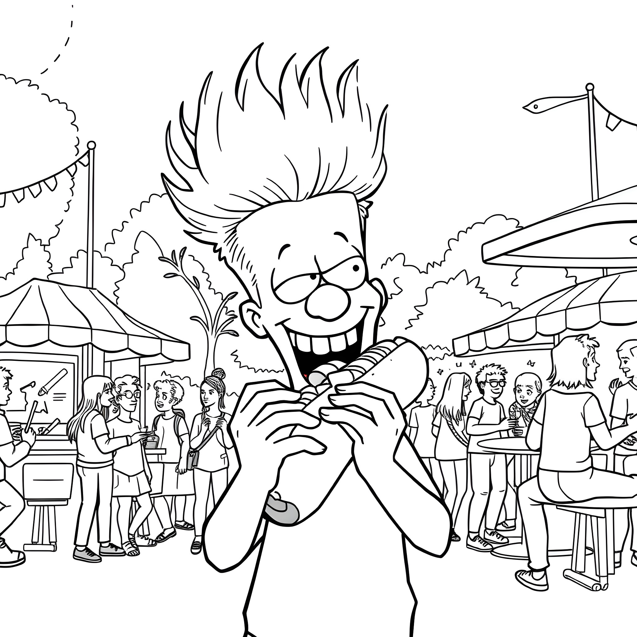 Beavis enjoying the lively carnival atmosphere Coloring Page (free black-and-white line drawing printable PDF for all, from beginners to advanced learners, including children, teens, adults, and seniors)