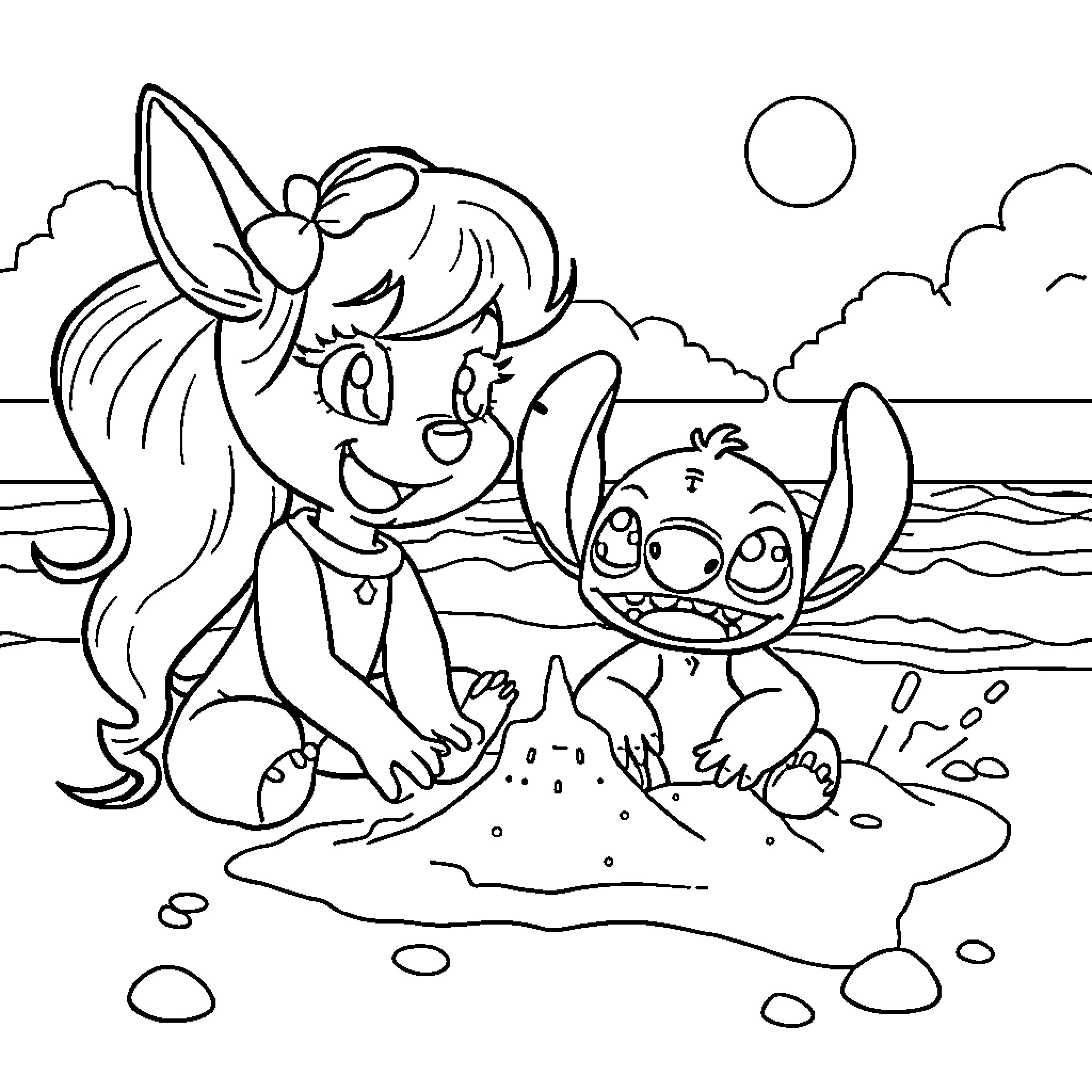 Huntrix's Beachside Adventure Coloring Page (free black-and-white line drawing printable PDF for all, from beginners to advanced learners, including children, teens, adults, and seniors)