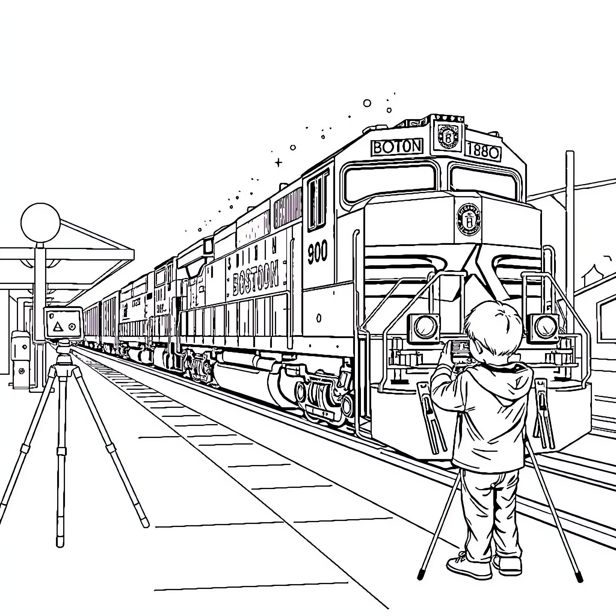 Kid observing a train at the station Coloring Page (free black-and-white line drawing printable PDF for all, from beginners to advanced learners, including children, teens, adults, and seniors)