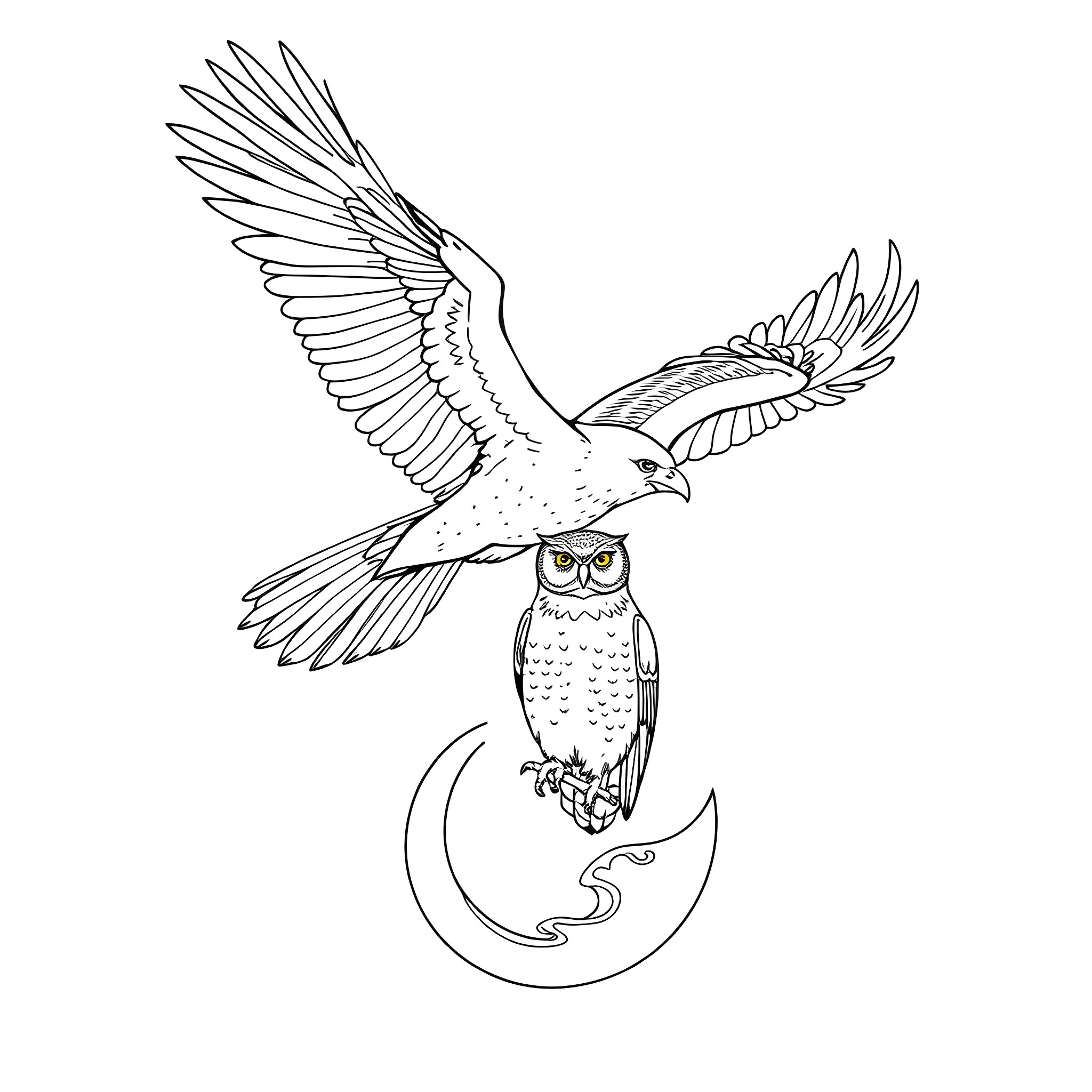 Thunderbird soaring with wise owl on crescent moon Coloring Page (free black-and-white line drawing printable PDF for all, from beginners to advanced learners, including children, teens, adults, and seniors)