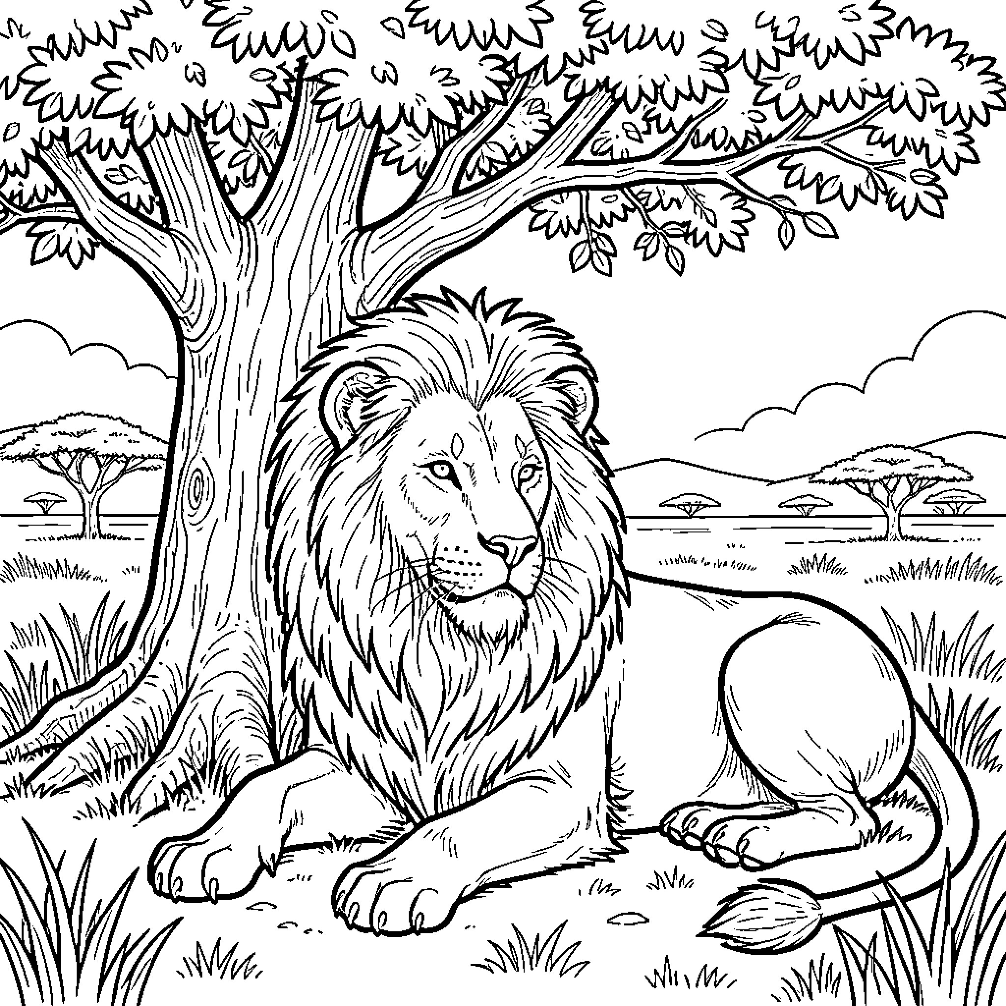 Lion resting under the tree in the African savanna Coloring Page (free black-and-white line drawing printable PDF for all, from beginners to advanced learners, including children, teens, adults, and seniors)