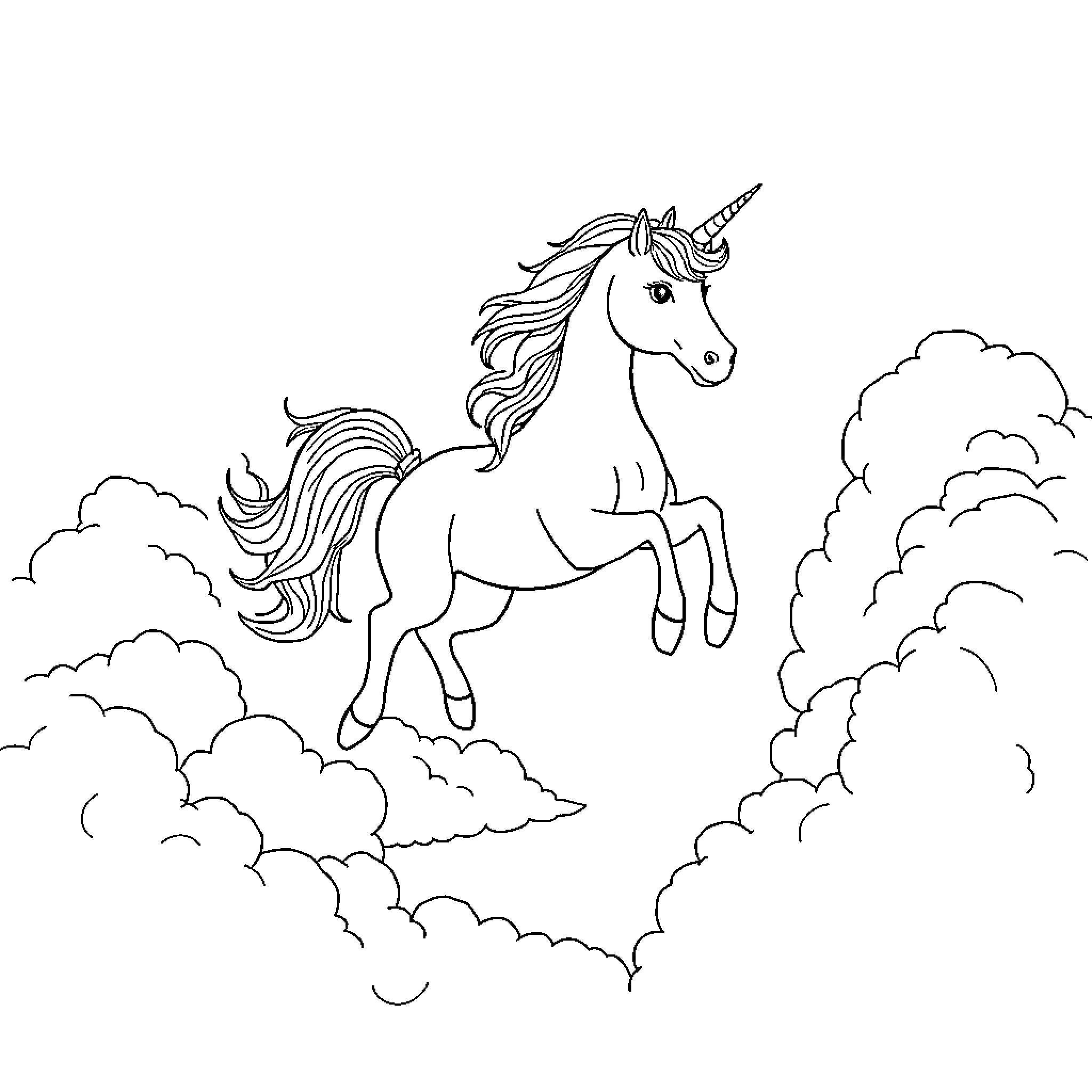 Unicorn leaping gracefully through clouds Coloring Page (free black-and-white line drawing printable PDF for all, from beginners to advanced learners, including children, teens, adults, and seniors)