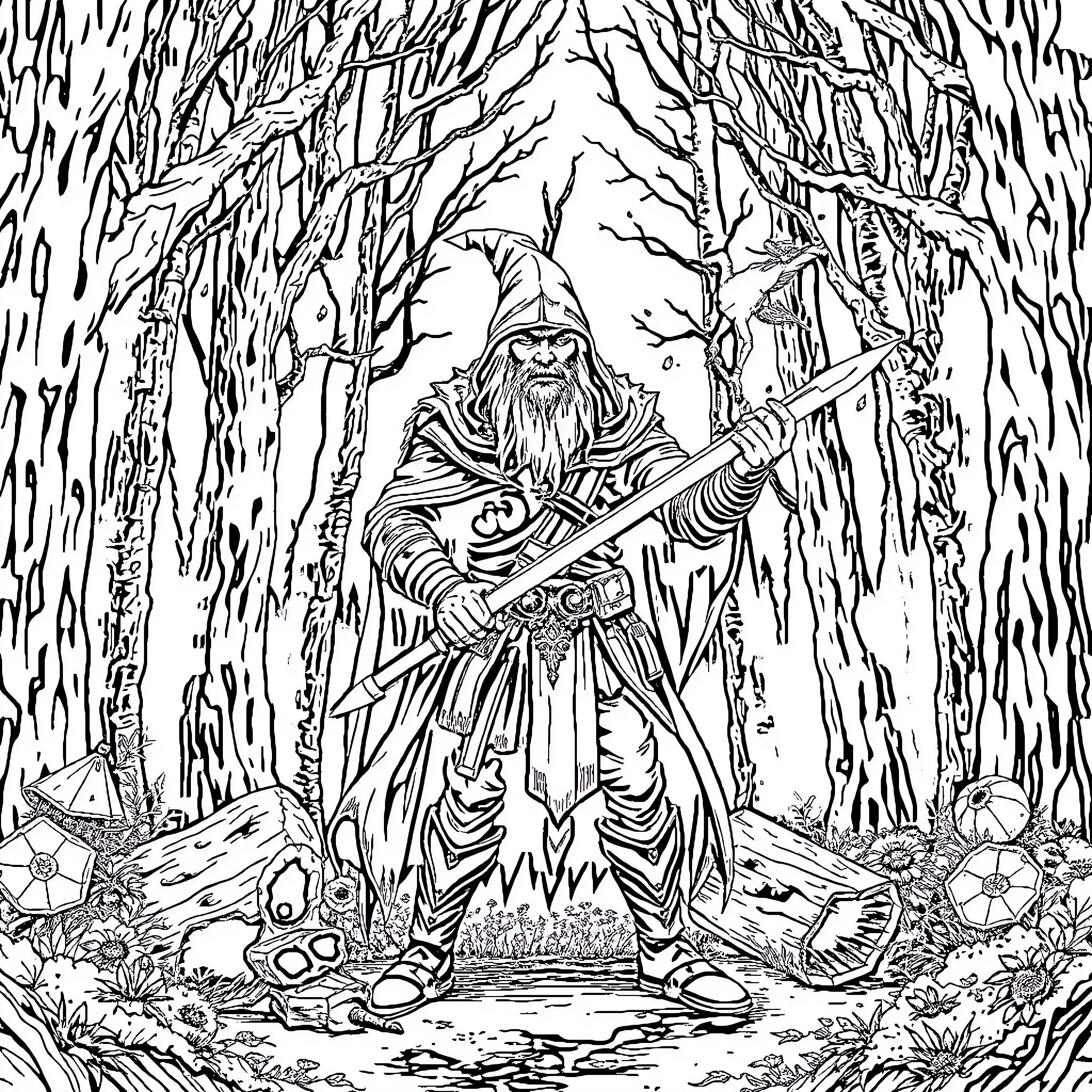 Witch Hunter in a Mystic Forest Coloring Page (free black-and-white line drawing printable PDF for all, from beginners to advanced learners, including children, teens, adults, and seniors)