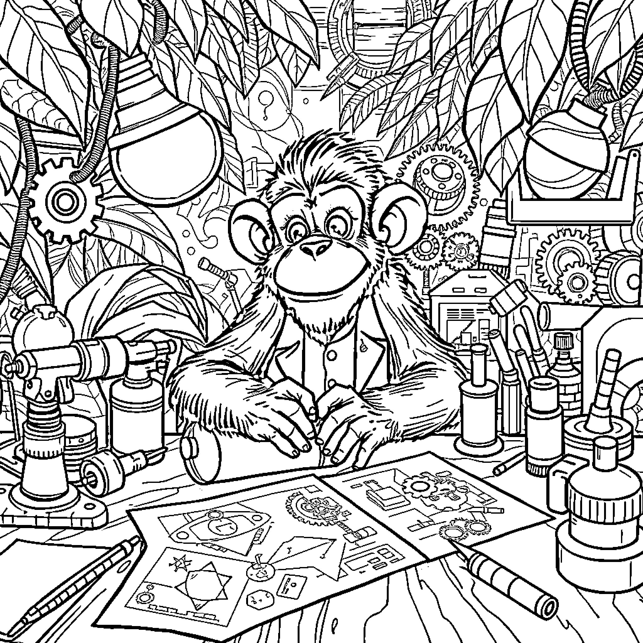 Monkey tinkering with mechanical gadgets in a cluttered workspace Coloring Page (free black-and-white line drawing printable PDF for all, from beginners to advanced learners, including children, teens, adults, and seniors)