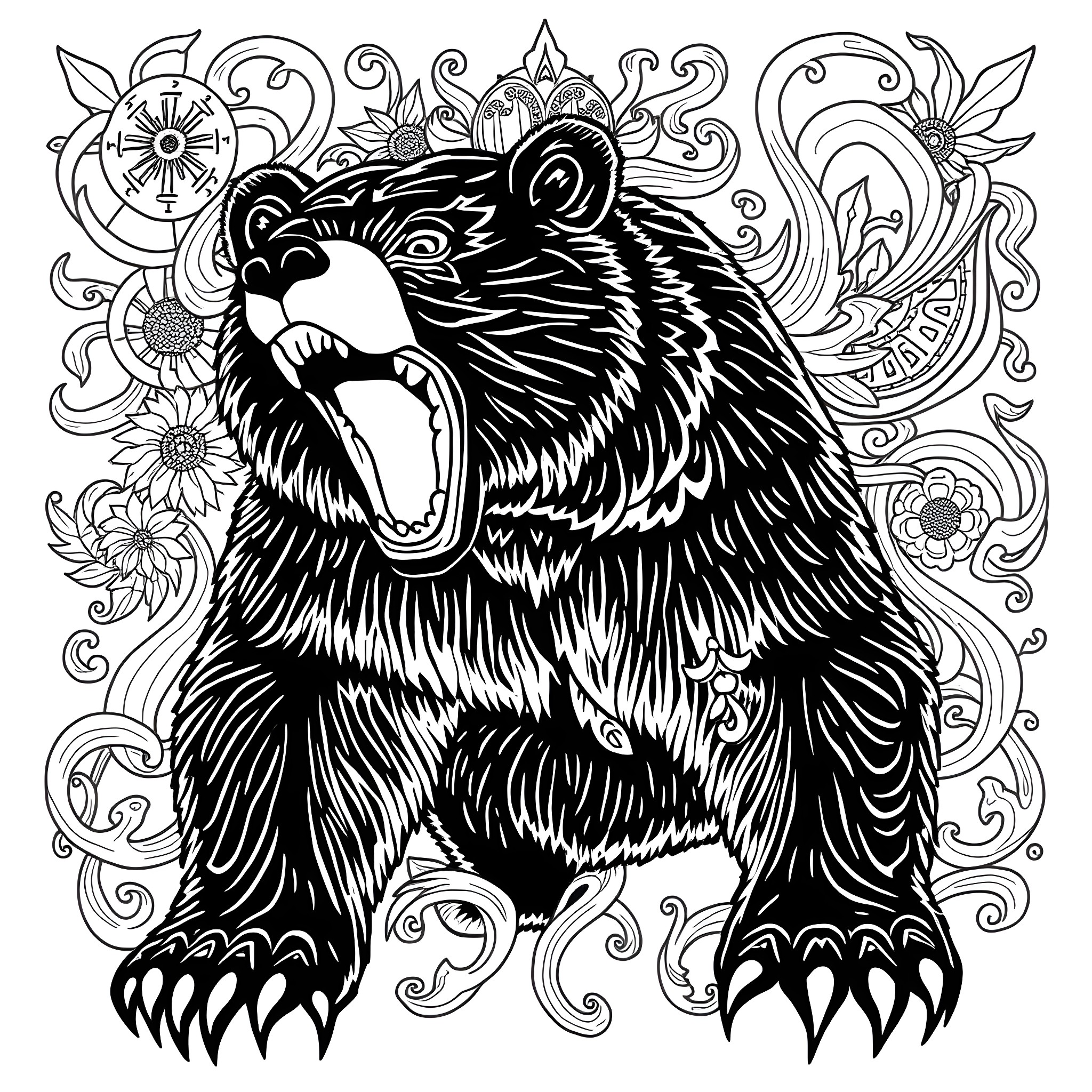 Bear's Fierce Roar Amid Floral Patterns Coloring Page (free black-and-white line drawing printable PDF for all, from beginners to advanced learners, including children, teens, adults, and seniors)