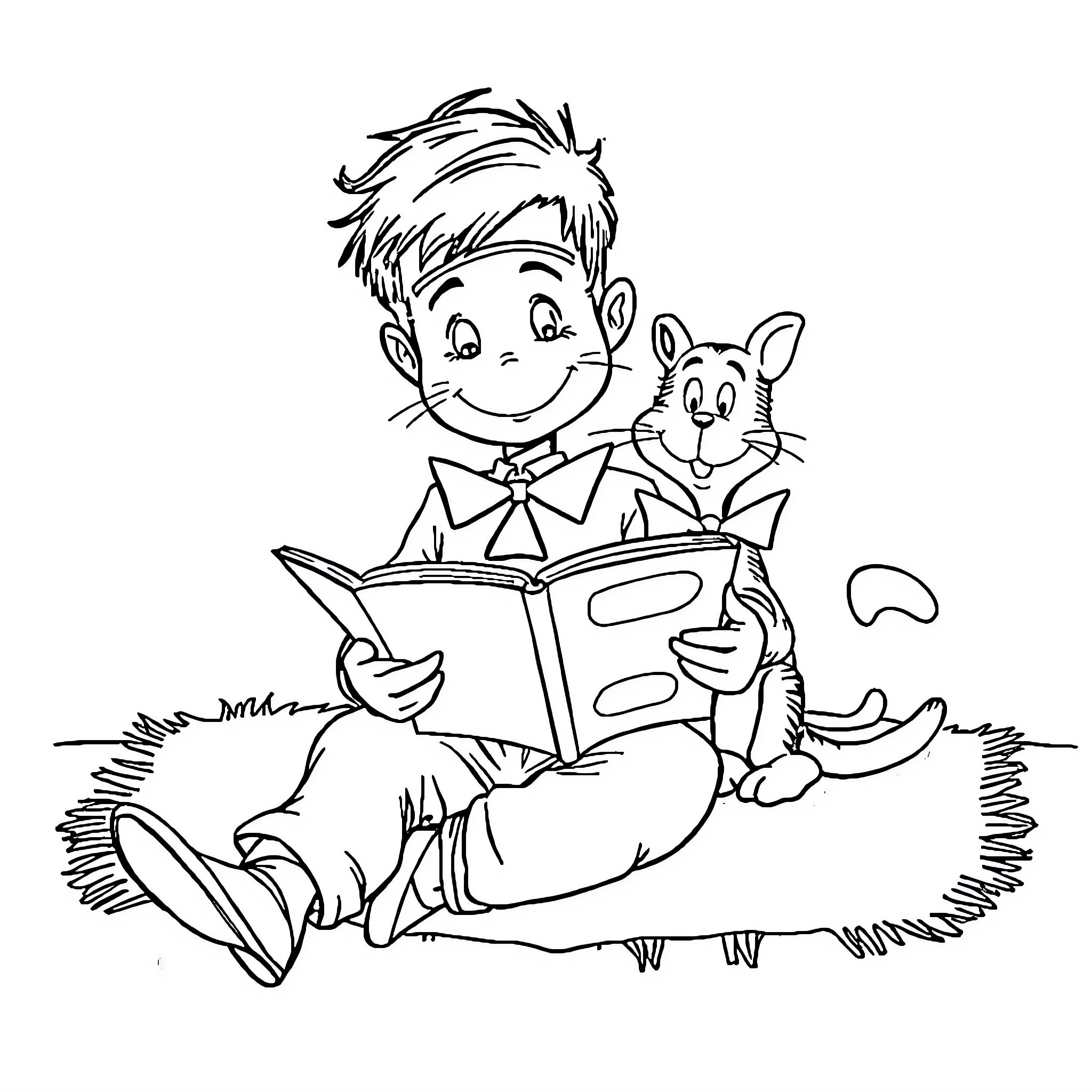 Boy reading book with pet cat Coloring Page (free black-and-white line drawing printable PDF for all, from beginners to advanced learners, including children, teens, adults, and seniors)