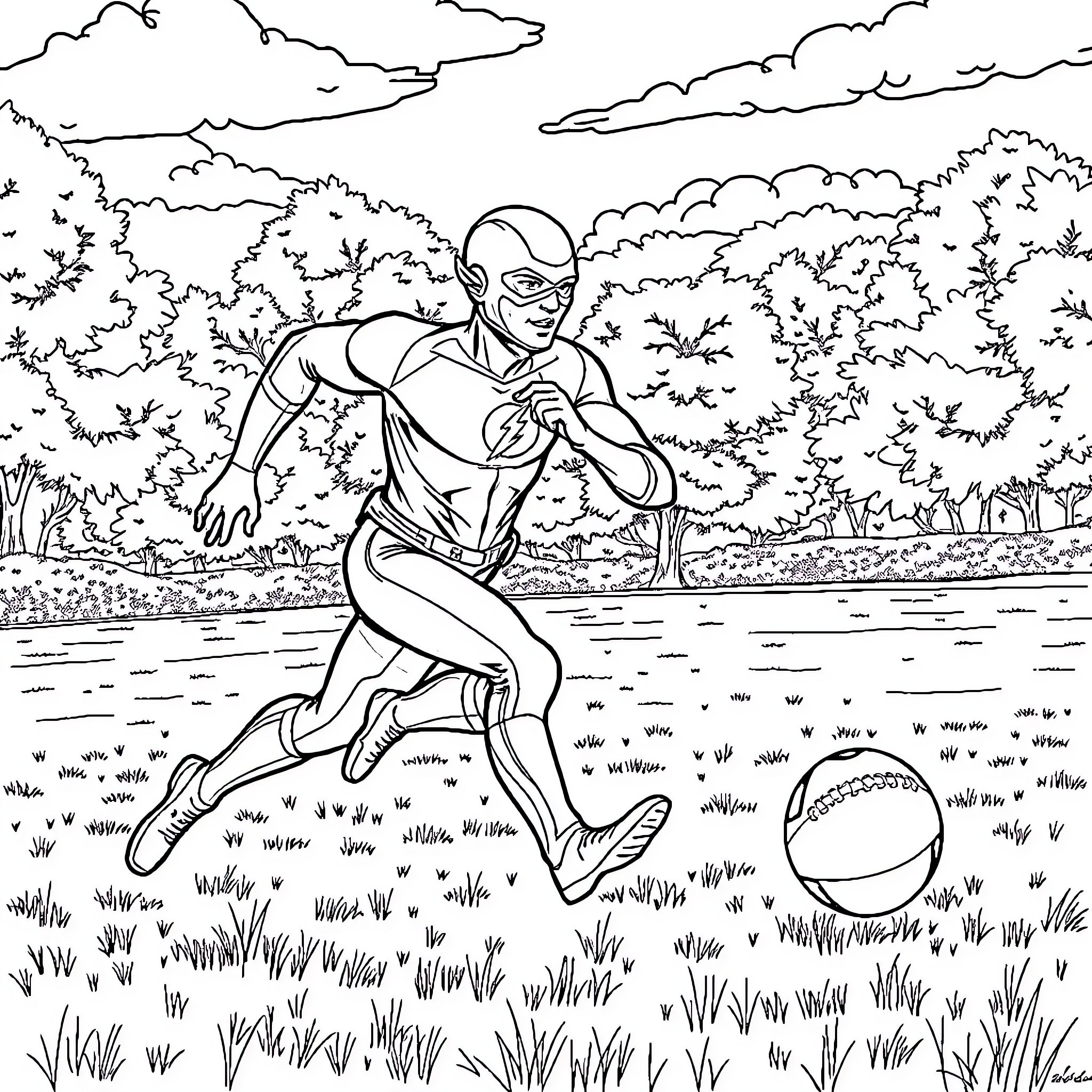 Flash running through the grassy field Coloring Page (free black-and-white line drawing printable PDF for all, from beginners to advanced learners, including children, teens, adults, and seniors)