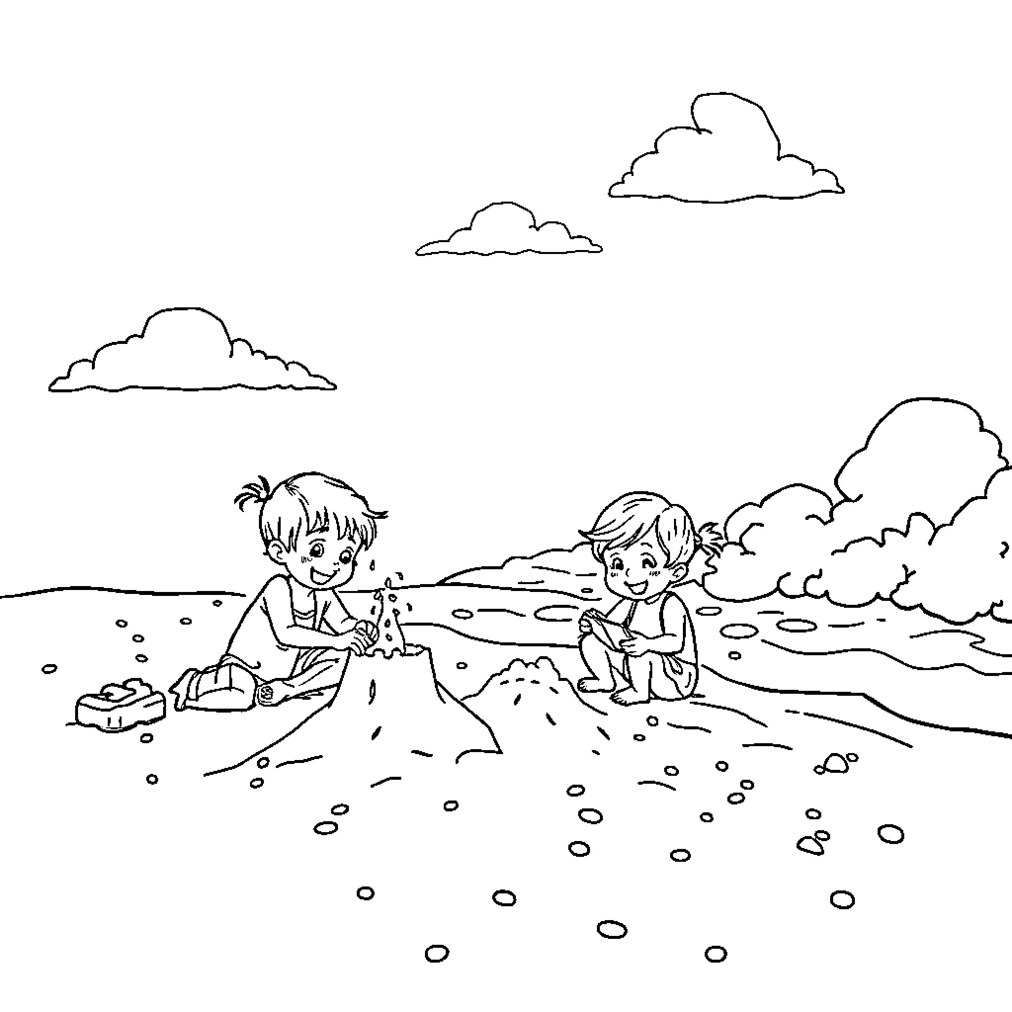 Kid's playtime adventure in the countryside Coloring Page (free black-and-white line drawing printable PDF for all, from beginners to advanced learners, including children, teens, adults, and seniors)