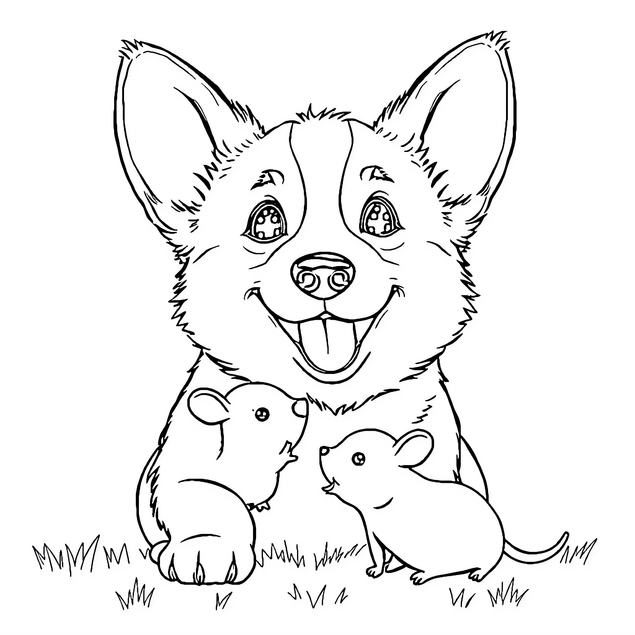Corgi playing with small rodents happily Coloring Page (free black-and-white line drawing printable PDF for all, from beginners to advanced learners, including children, teens, adults, and seniors)