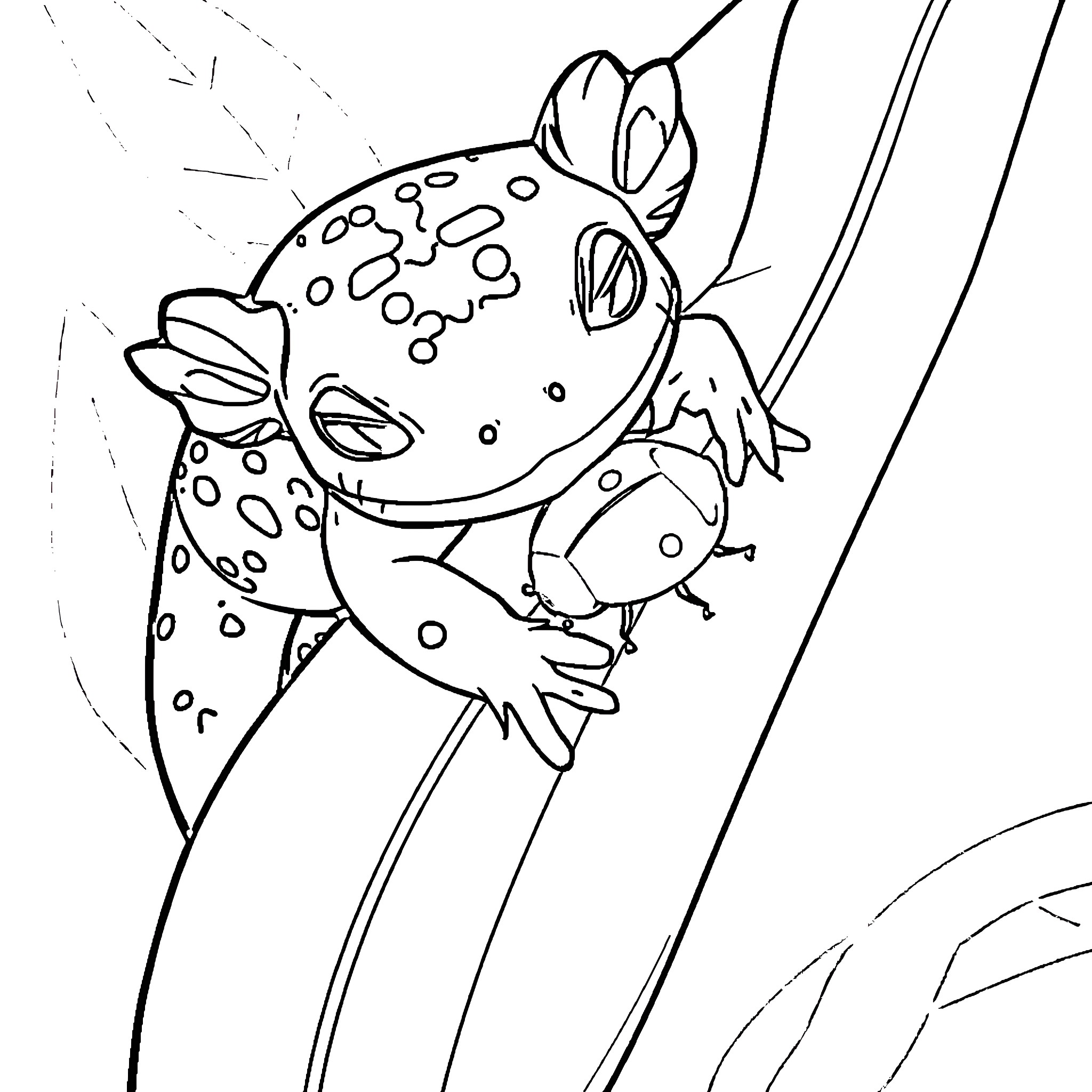 Axolotl hanging on a branch Coloring Page (free black-and-white line drawing printable PDF for all, from beginners to advanced learners, including children, teens, adults, and seniors)