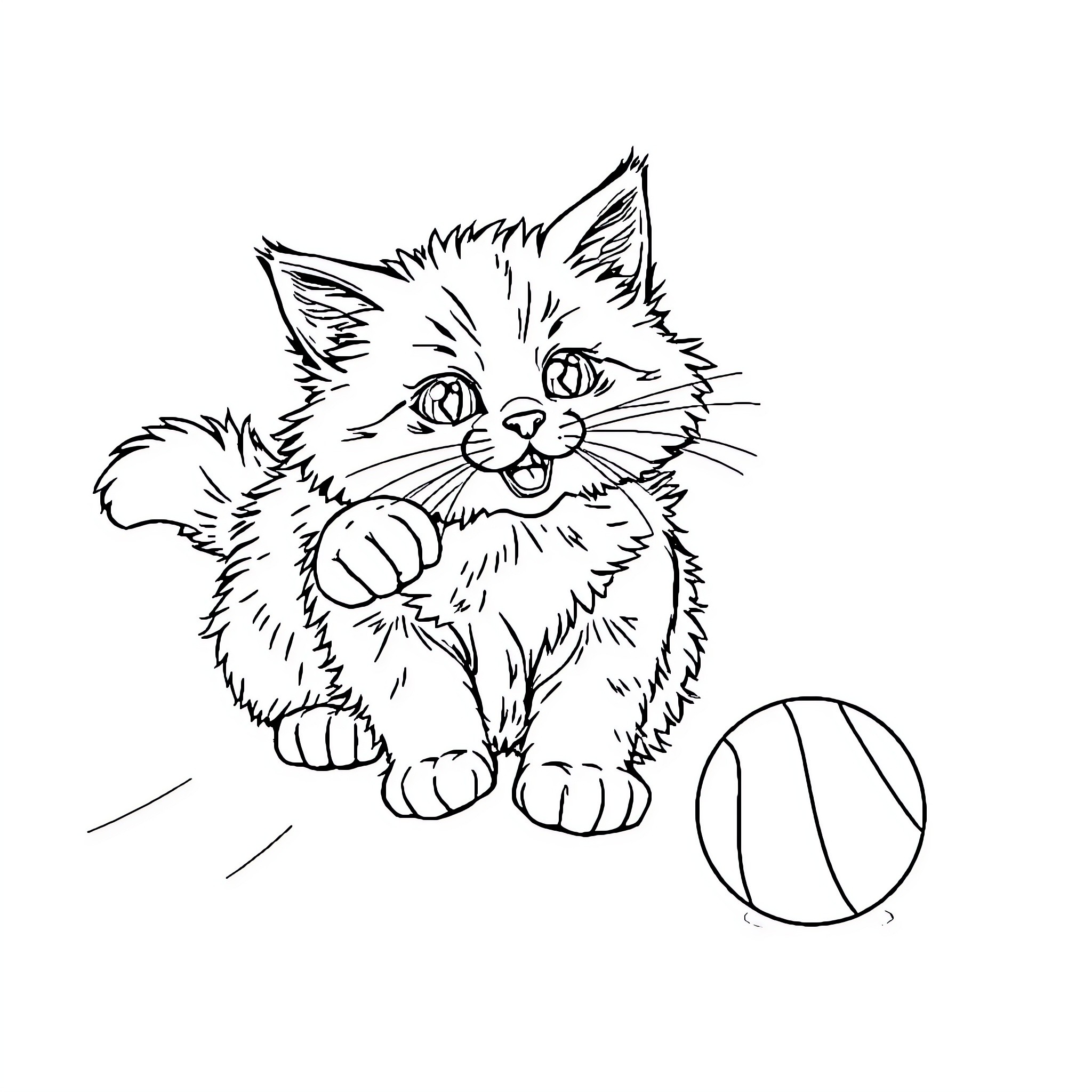 Cat playing with a ball Coloring Page (free black-and-white line drawing printable PDF for all, from beginners to advanced learners, including children, teens, adults, and seniors)