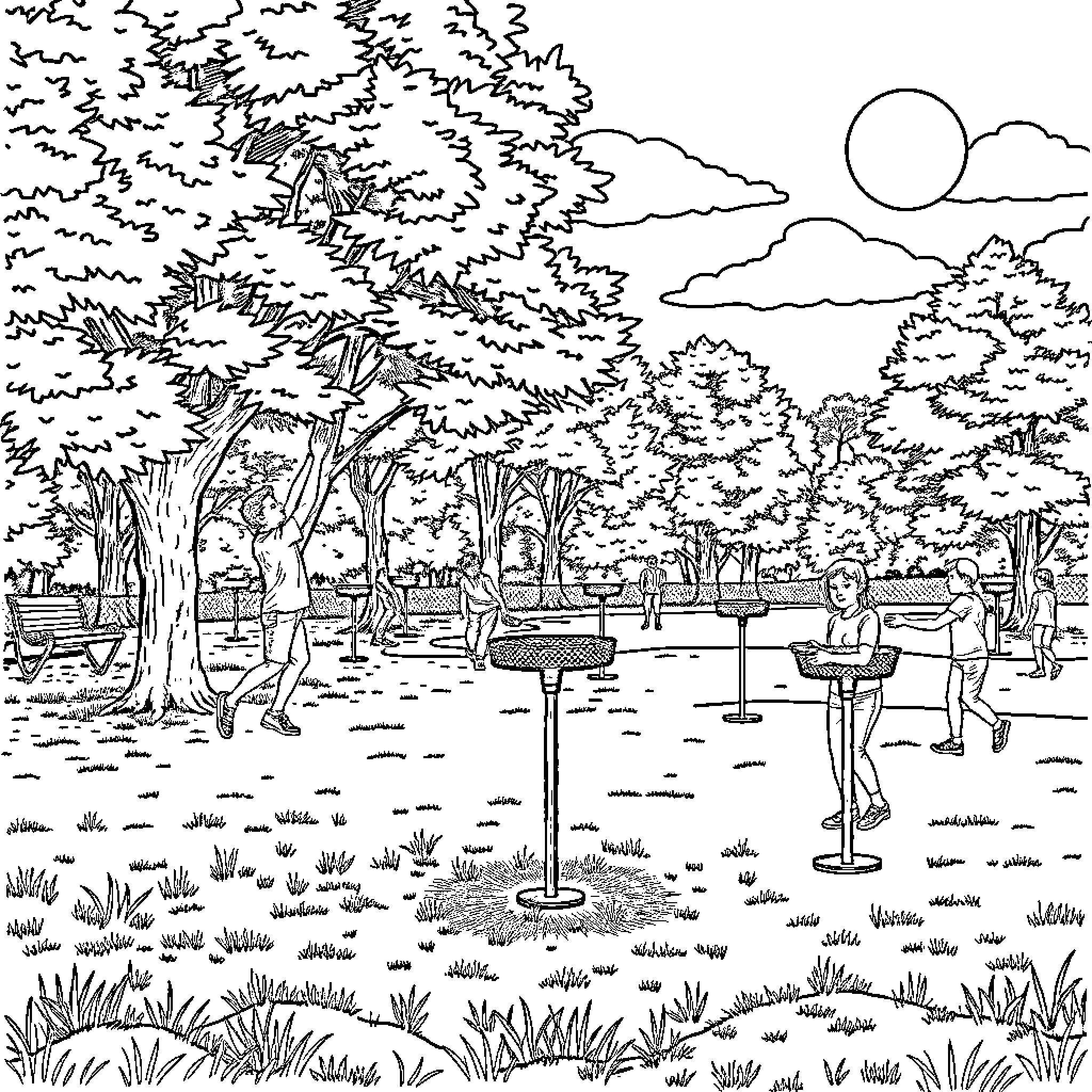 Disc Golf Players in Scenic Park Coloring Page (free black-and-white line drawing printable PDF for all, from beginners to advanced learners, including children, teens, adults, and seniors)