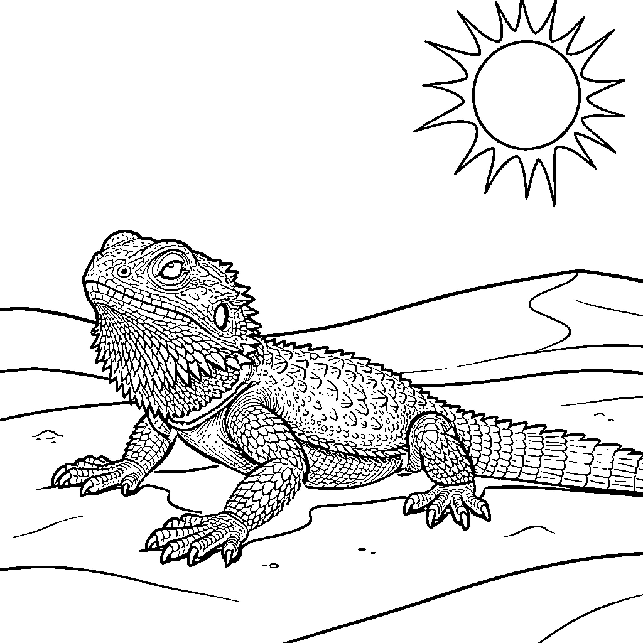 Bearded Dragon Basking in the Desert Sun Coloring Page (free black-and-white line drawing printable PDF for all, from beginners to advanced learners, including children, teens, adults, and seniors)