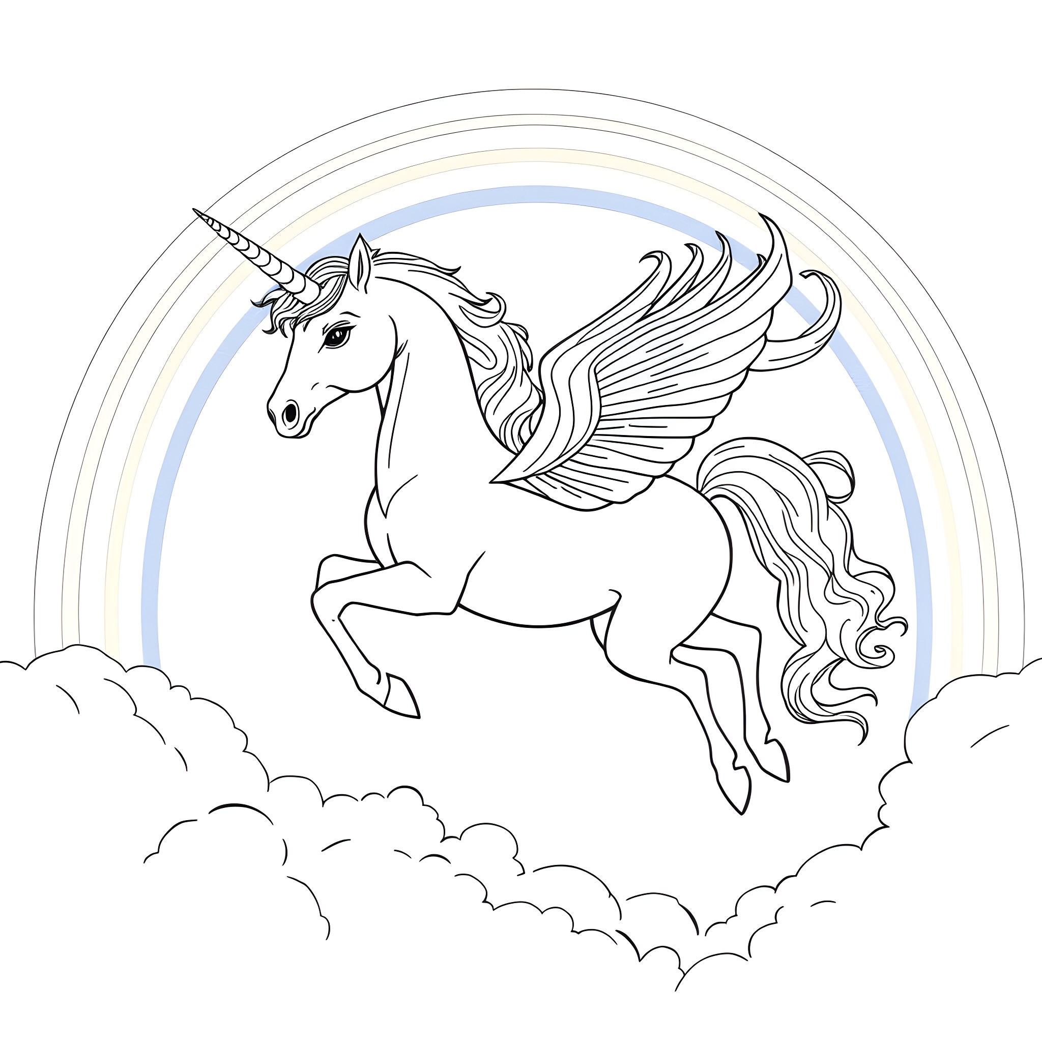 Unicorn soaring through clouds with rainbow Coloring Page (free black-and-white line drawing printable PDF for all, from beginners to advanced learners, including children, teens, adults, and seniors)