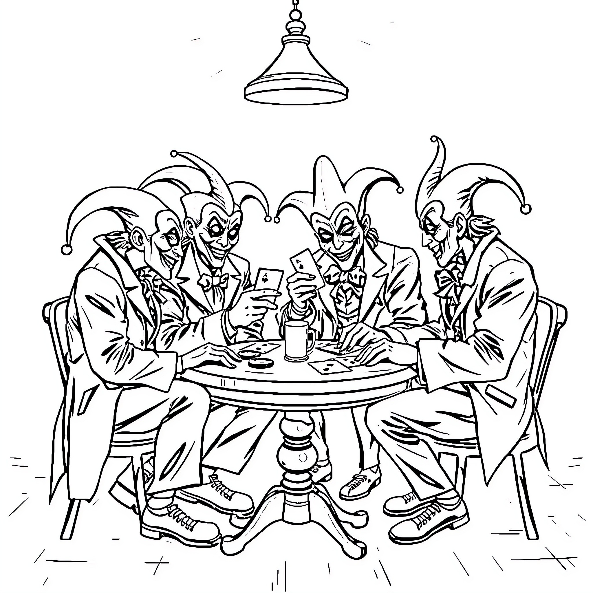 Joker characters gathered around a table Coloring Page (free black-and-white line drawing printable PDF for all, from beginners to advanced learners, including children, teens, adults, and seniors)