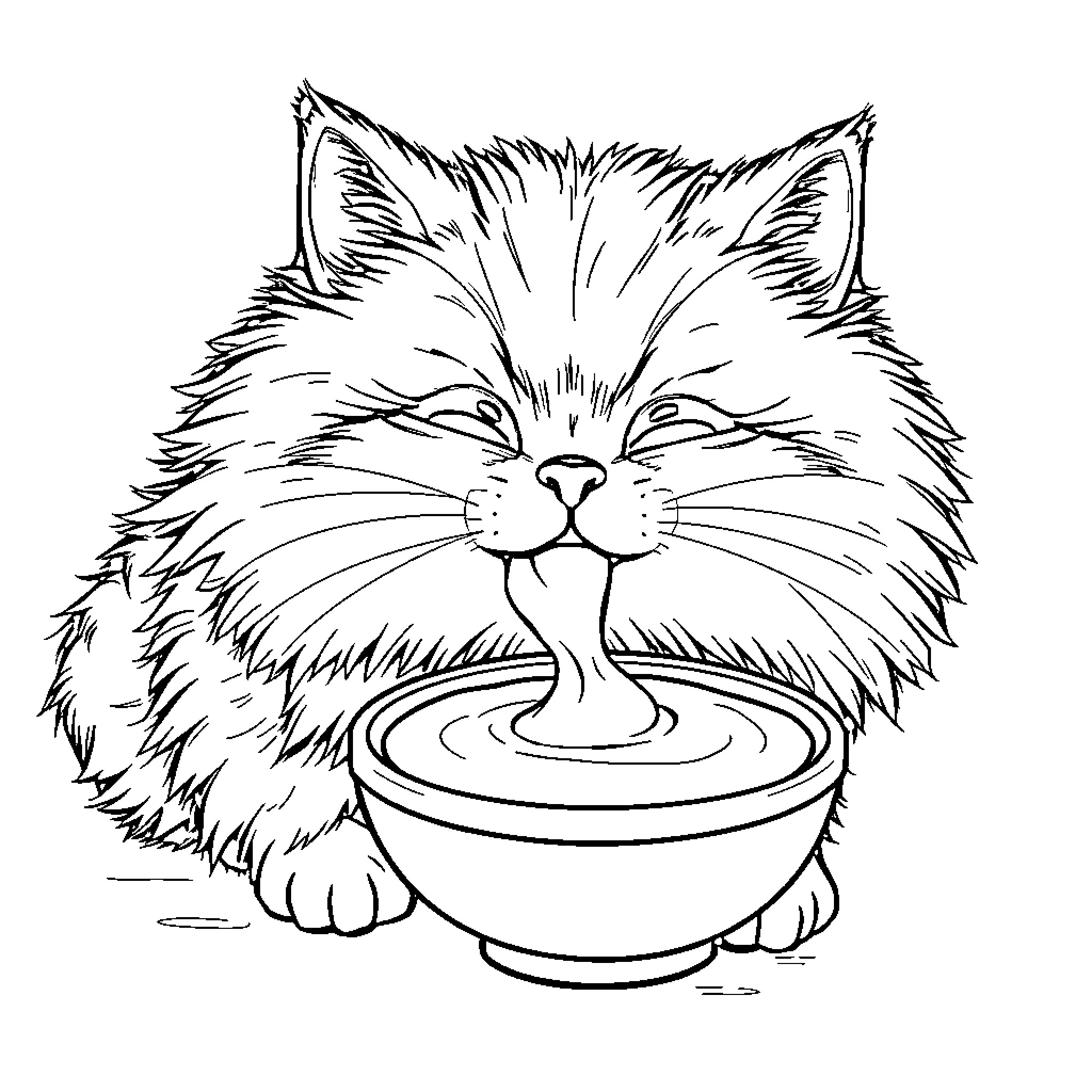 Persian Cat Drinking From Bowl Coloring Page (free black-and-white line drawing printable PDF for all, from beginners to advanced learners, including children, teens, adults, and seniors)