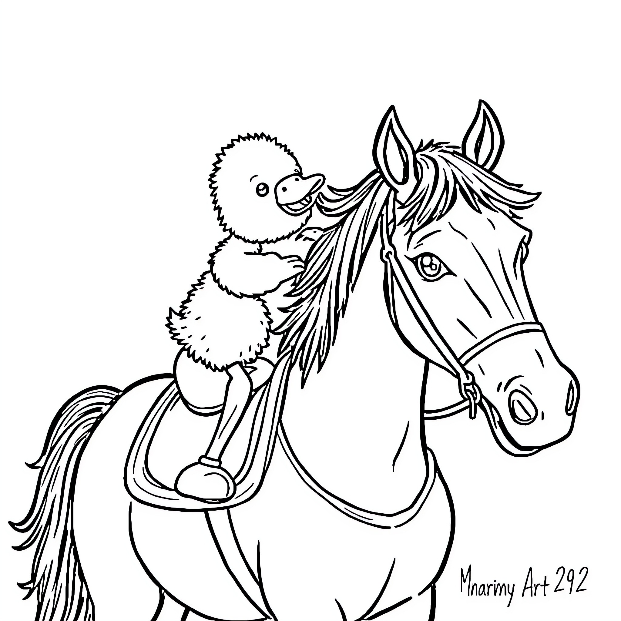 Duck riding a horse with a friendly expression Coloring Page (free black-and-white line drawing printable PDF for all, from beginners to advanced learners, including children, teens, adults, and seniors)