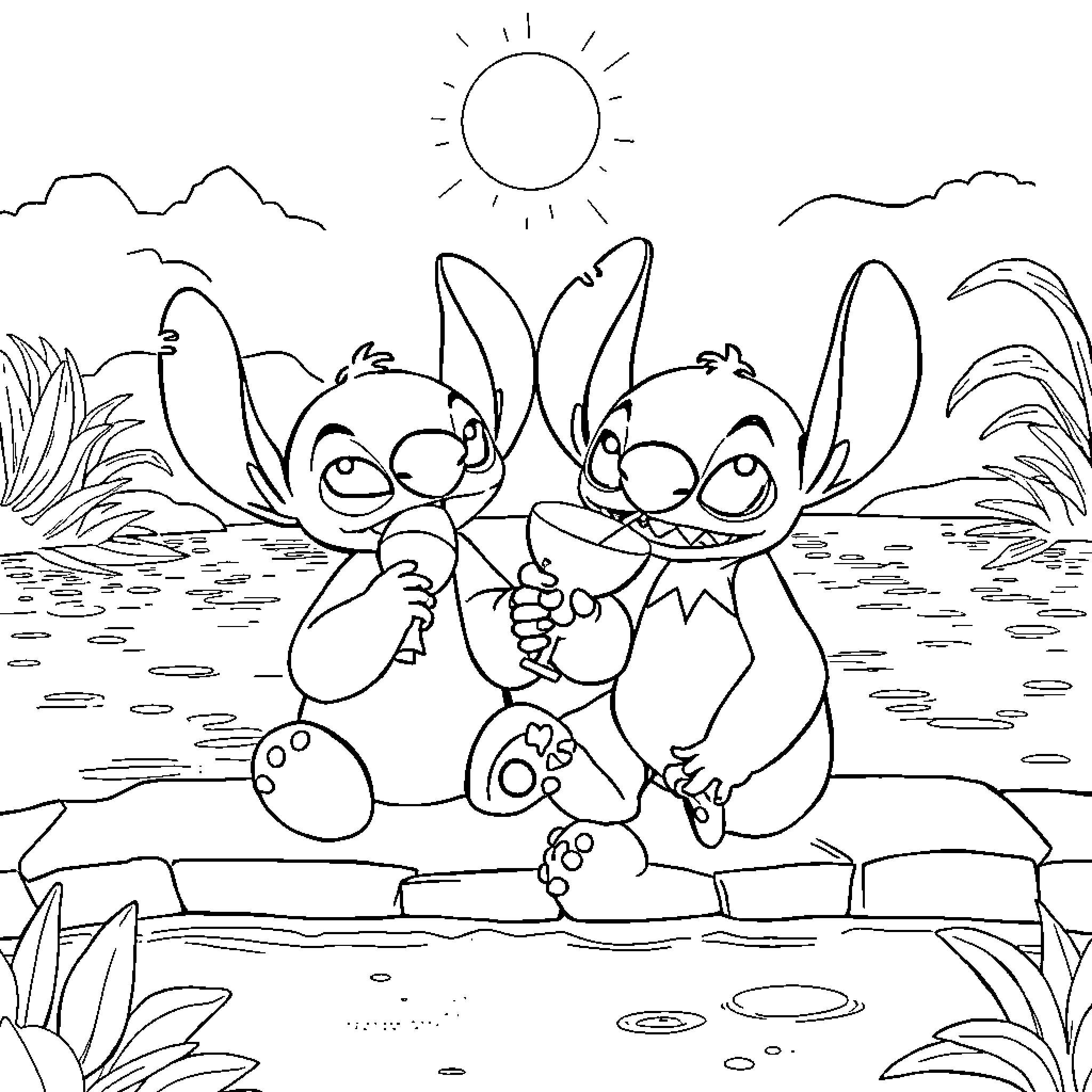 Lilo and Stitch having fun in the sun Coloring Page (free black-and-white line drawing printable PDF for all, from beginners to advanced learners, including children, teens, adults, and seniors)
