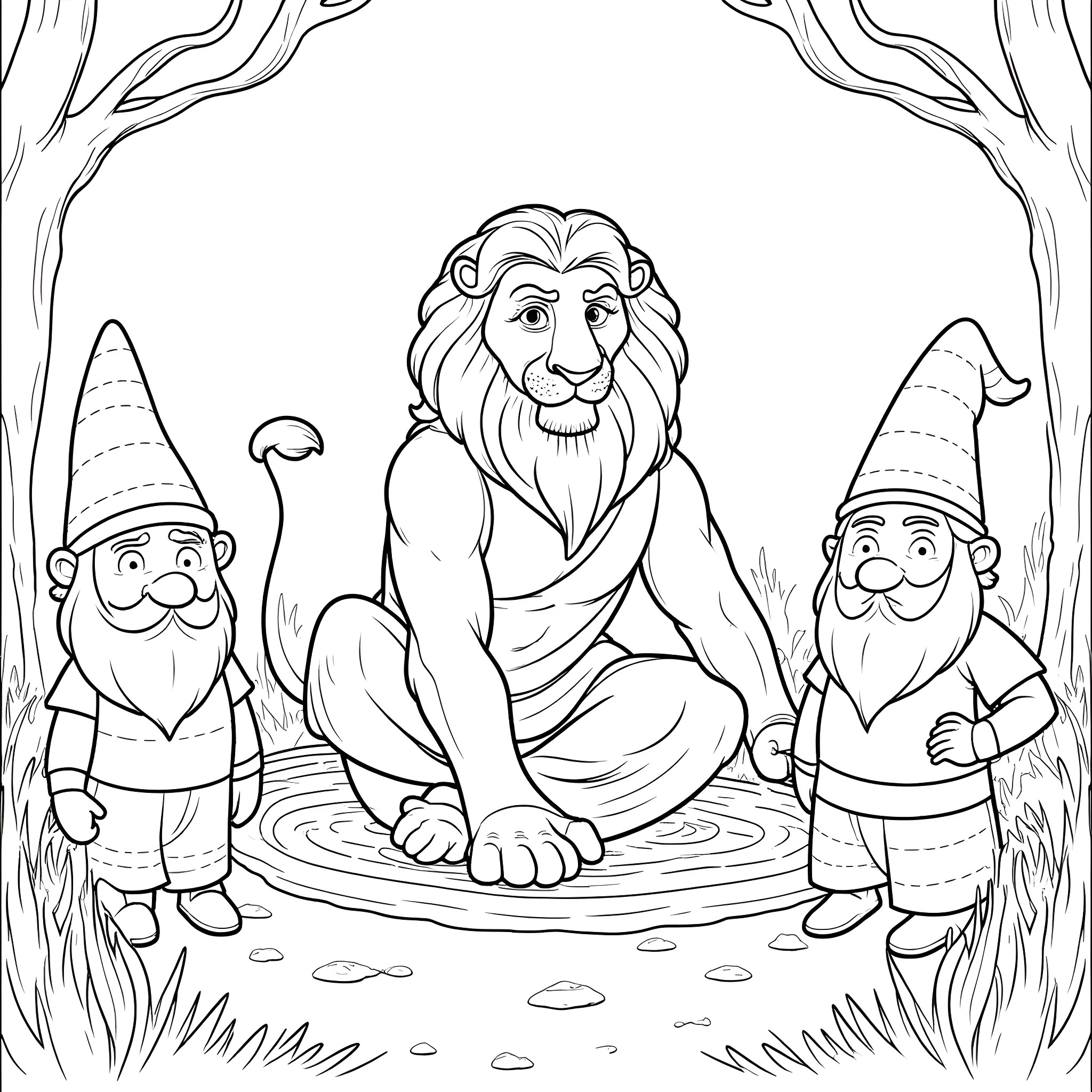 Gnome and Lion Encounter in the Forest Coloring Page (free black-and-white line drawing printable PDF for all, from beginners to advanced learners, including children, teens, adults, and seniors)