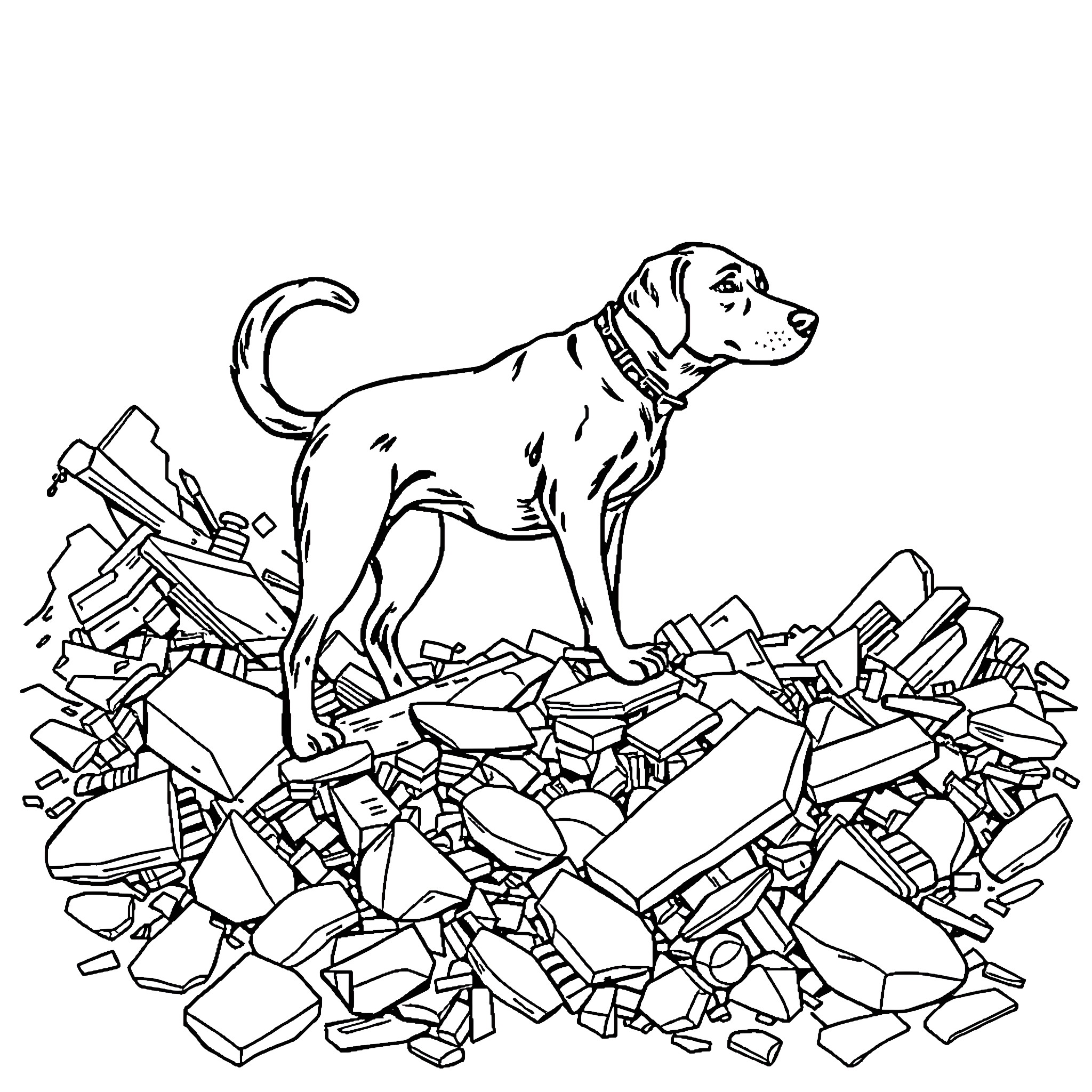 Lab dog exploring debris-filled environment Coloring Page (free black-and-white line drawing printable PDF for all, from beginners to advanced learners, including children, teens, adults, and seniors)