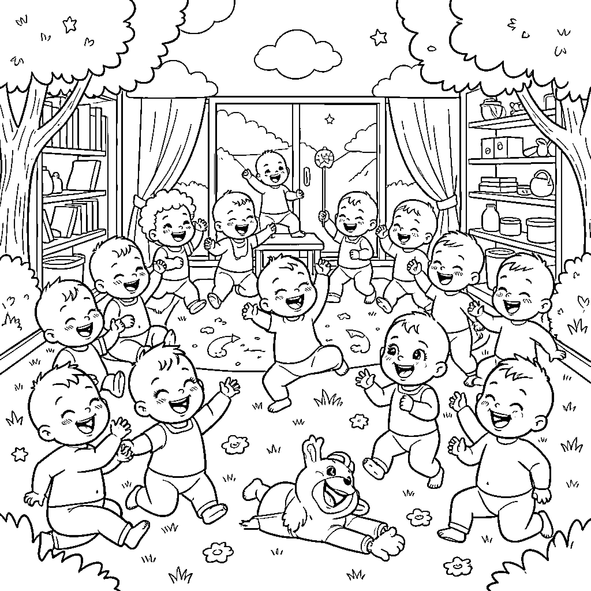 Baby toddlers playing and laughing together in a room Coloring Page (free black-and-white line drawing printable PDF for all, from beginners to advanced learners, including children, teens, adults, and seniors)