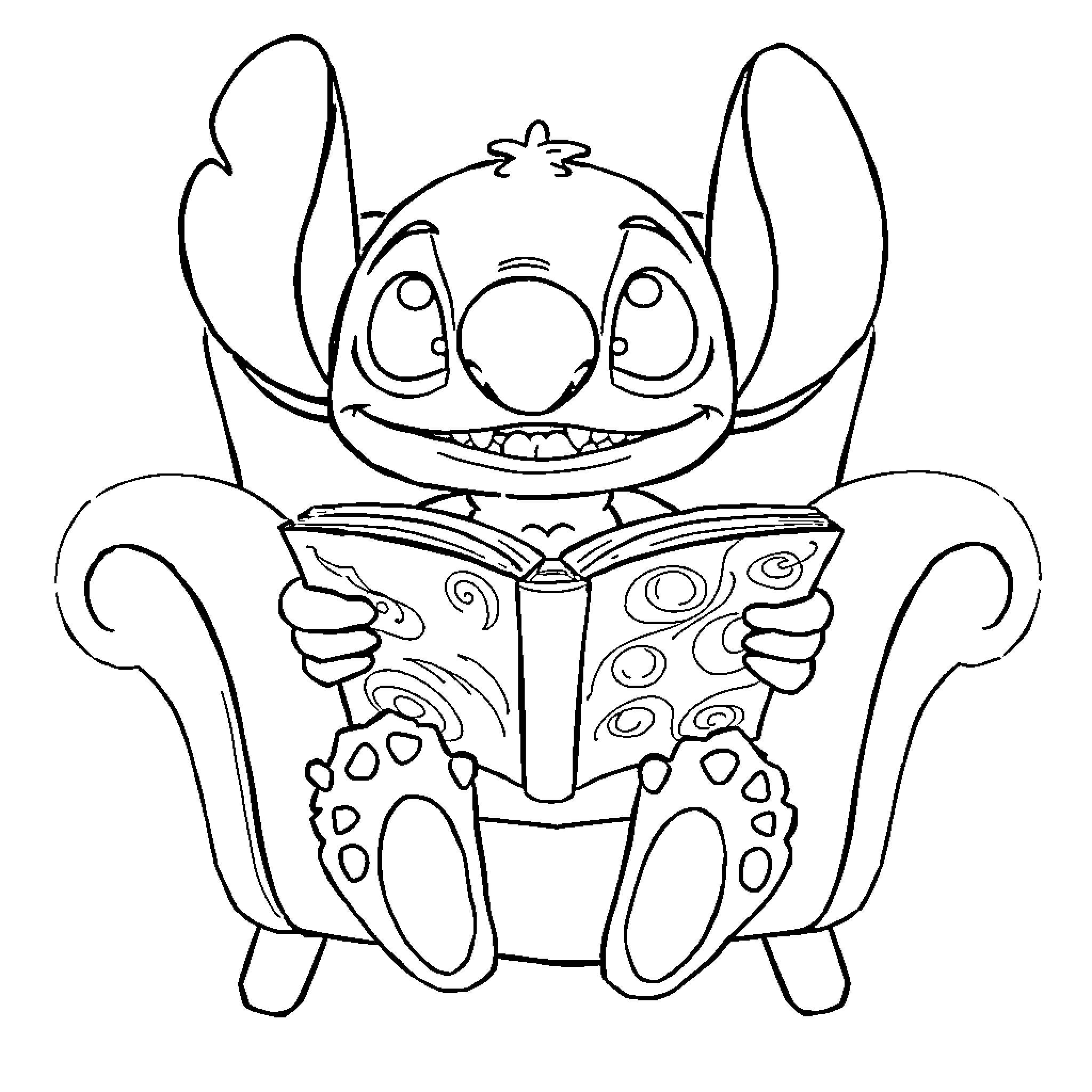 Stitch reading a storybook happily Coloring Page (free black-and-white line drawing printable PDF for all, from beginners to advanced learners, including children, teens, adults, and seniors)