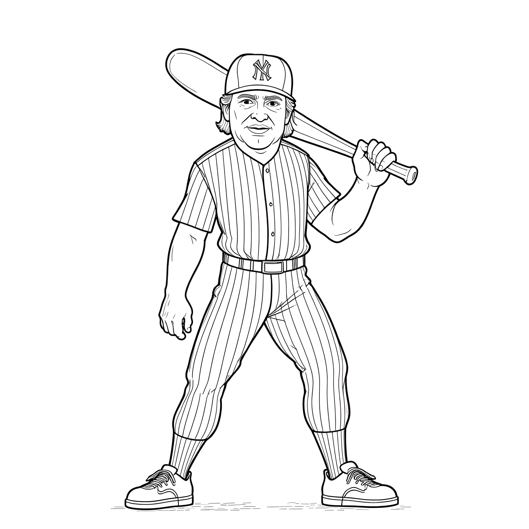 Donald Trump as a baseball player Coloring Page (free black-and-white line drawing printable PDF for all, from beginners to advanced learners, including children, teens, adults, and seniors)
