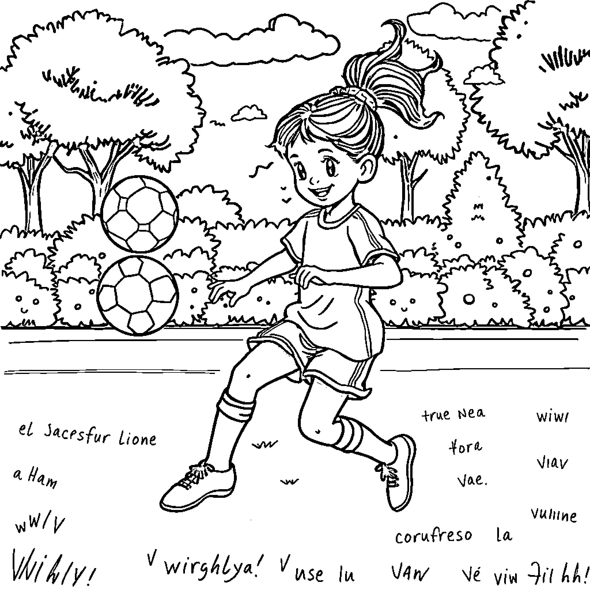 Baby playing with soccer balls in the park Coloring Page (free black-and-white line drawing printable PDF for all, from beginners to advanced learners, including children, teens, adults, and seniors)