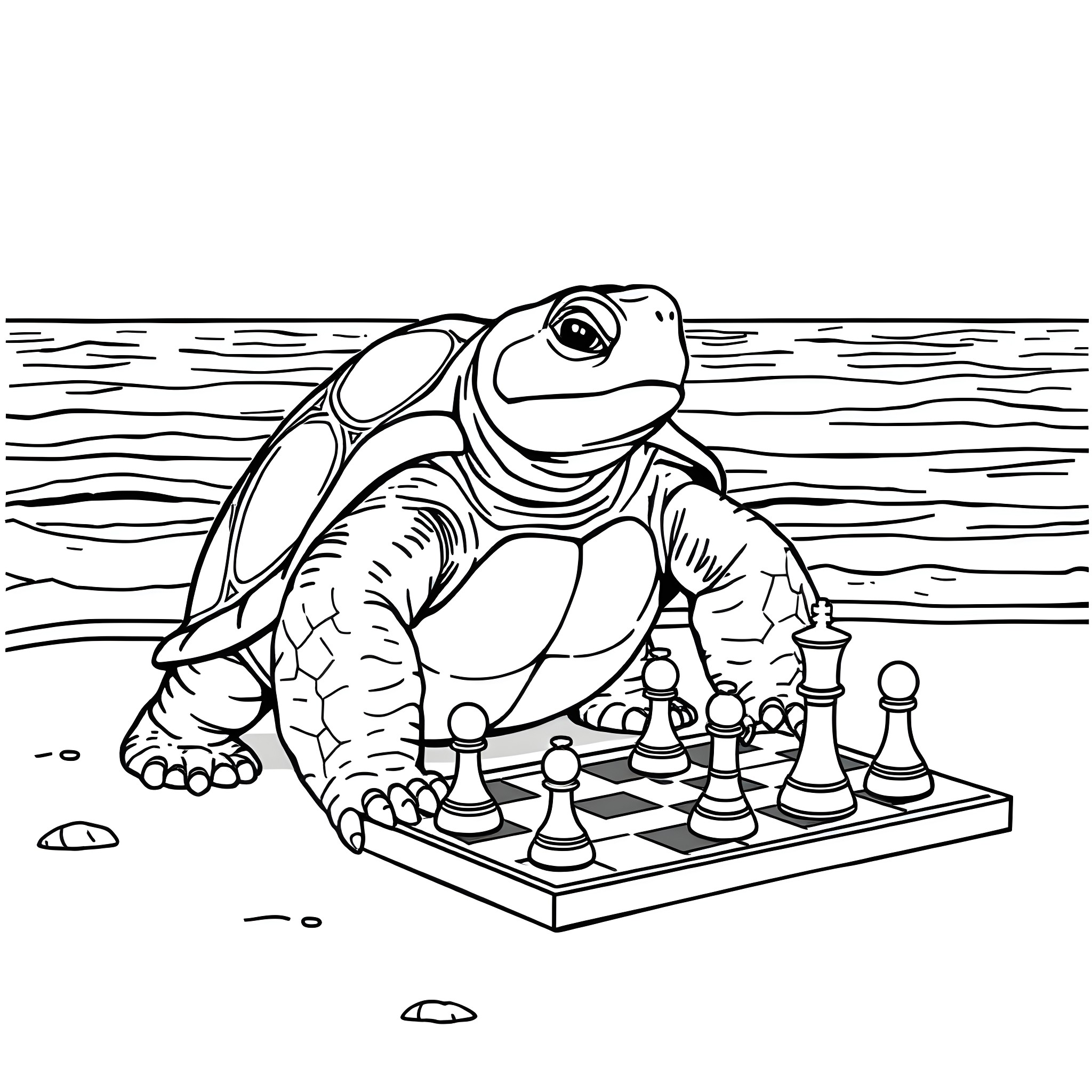 Turtle contemplating chess strategy in the water Coloring Page (free black-and-white line drawing printable PDF for all, from beginners to advanced learners, including children, teens, adults, and seniors)
