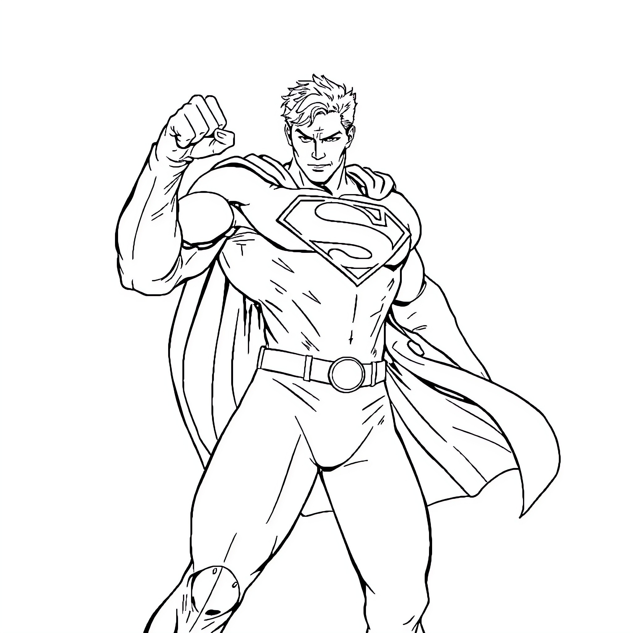 Superman in heroic action pose Coloring Page (free black-and-white line drawing printable PDF for all, from beginners to advanced learners, including children, teens, adults, and seniors)