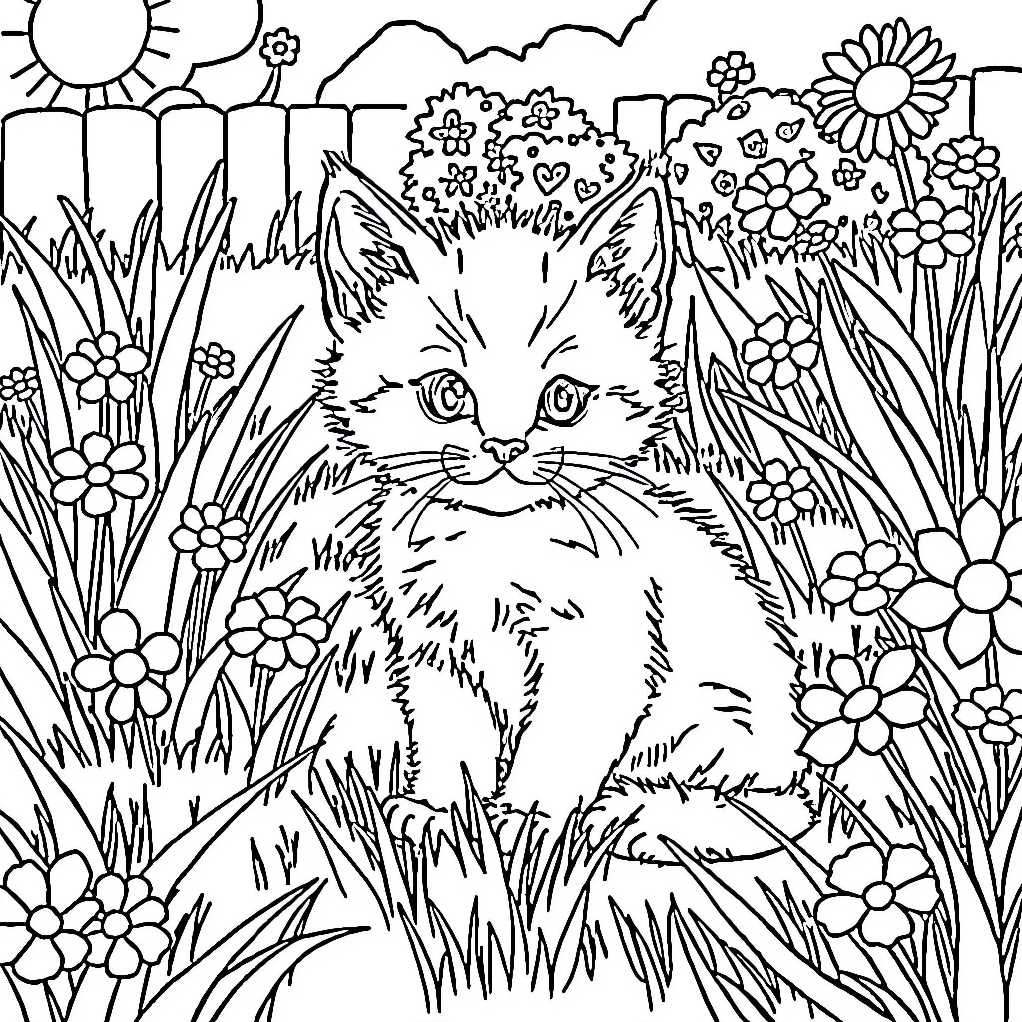 Kitten in a Floral Garden Coloring Page (free black-and-white line drawing printable PDF for all, from beginners to advanced learners, including children, teens, adults, and seniors)