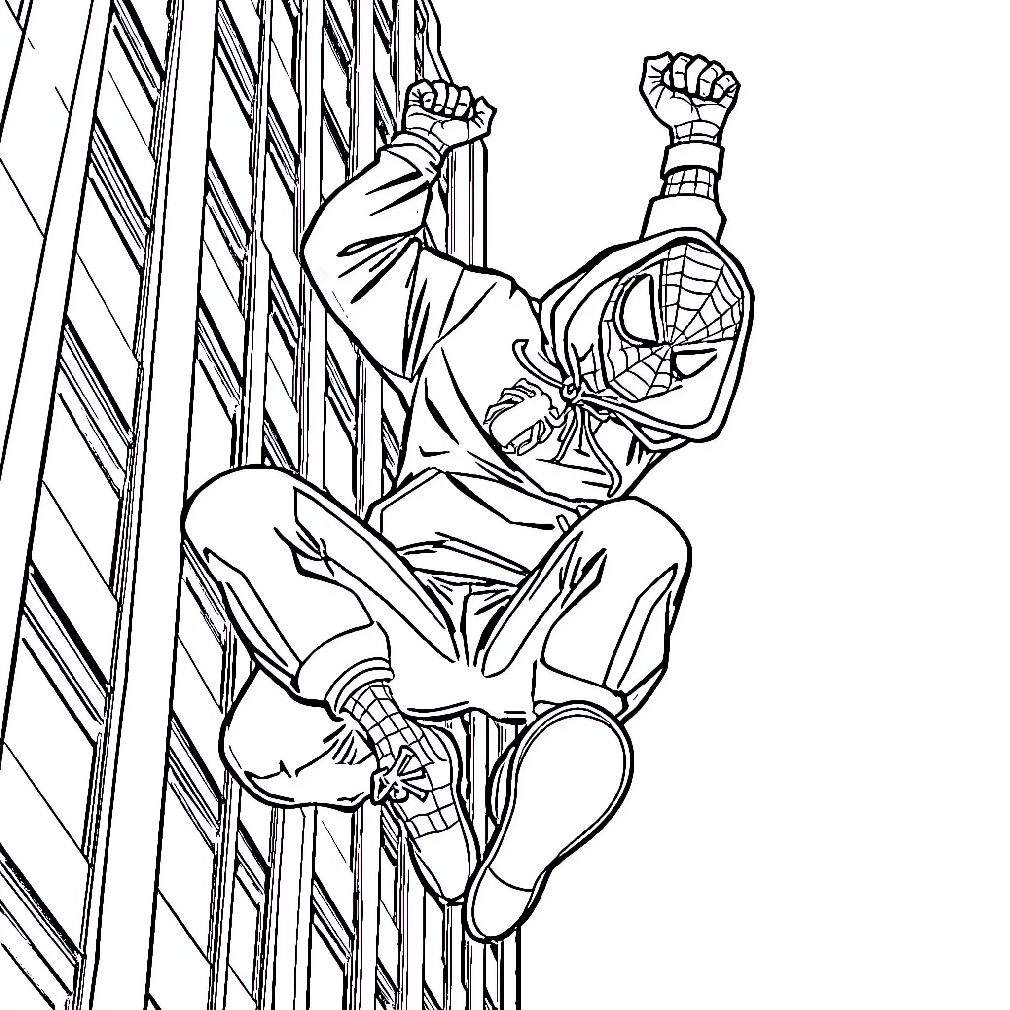 Spiderman swinging and climbing on city skyscrapers Coloring Page (free black-and-white line drawing printable PDF for all, from beginners to advanced learners, including children, teens, adults, and seniors)