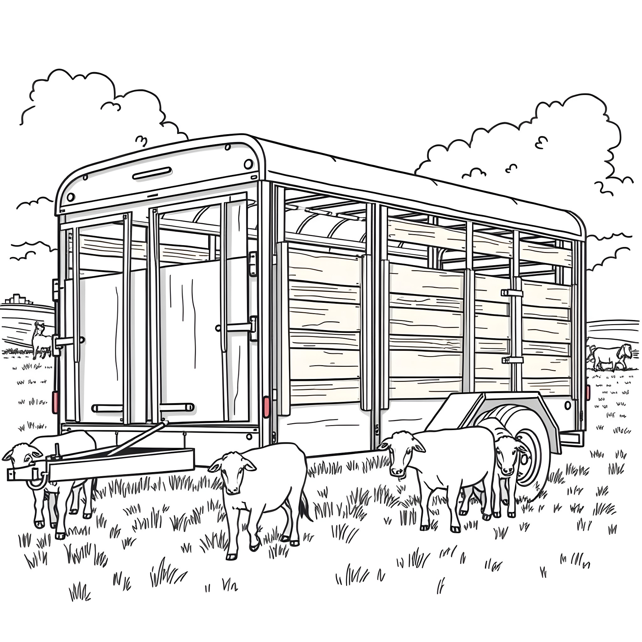 Livestock Trailer with Sheep in the Countryside Coloring Page (free black-and-white line drawing printable PDF for all, from beginners to advanced learners, including children, teens, adults, and seniors)