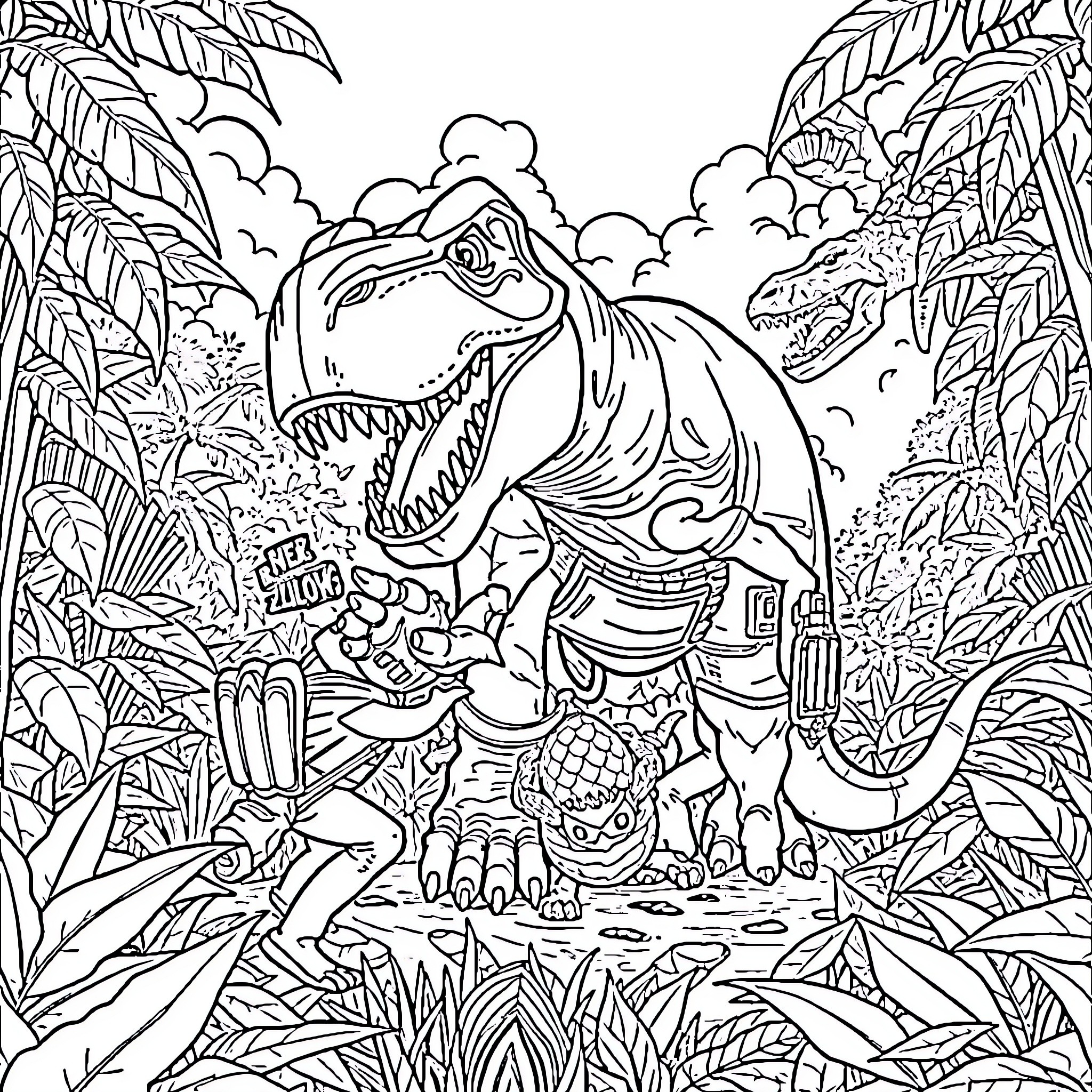 Zurgg's Daring Dinosaur Encounter in the Lush Jungle Coloring Page (free black-and-white line drawing printable PDF for all, from beginners to advanced learners, including children, teens, adults, and seniors)