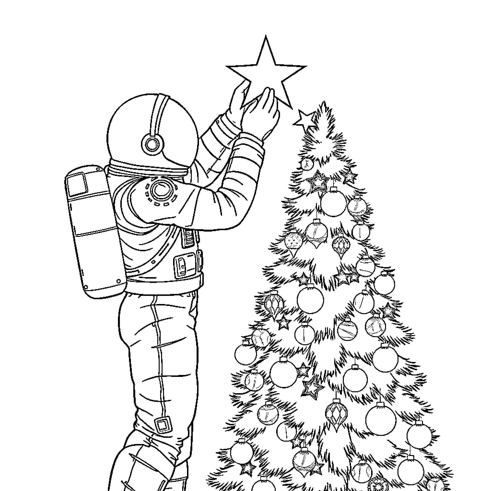 Space Man Decorating Christmas Tree Coloring Page (free black-and-white line drawing printable PDF for all, from beginners to advanced learners, including children, teens, adults, and seniors)