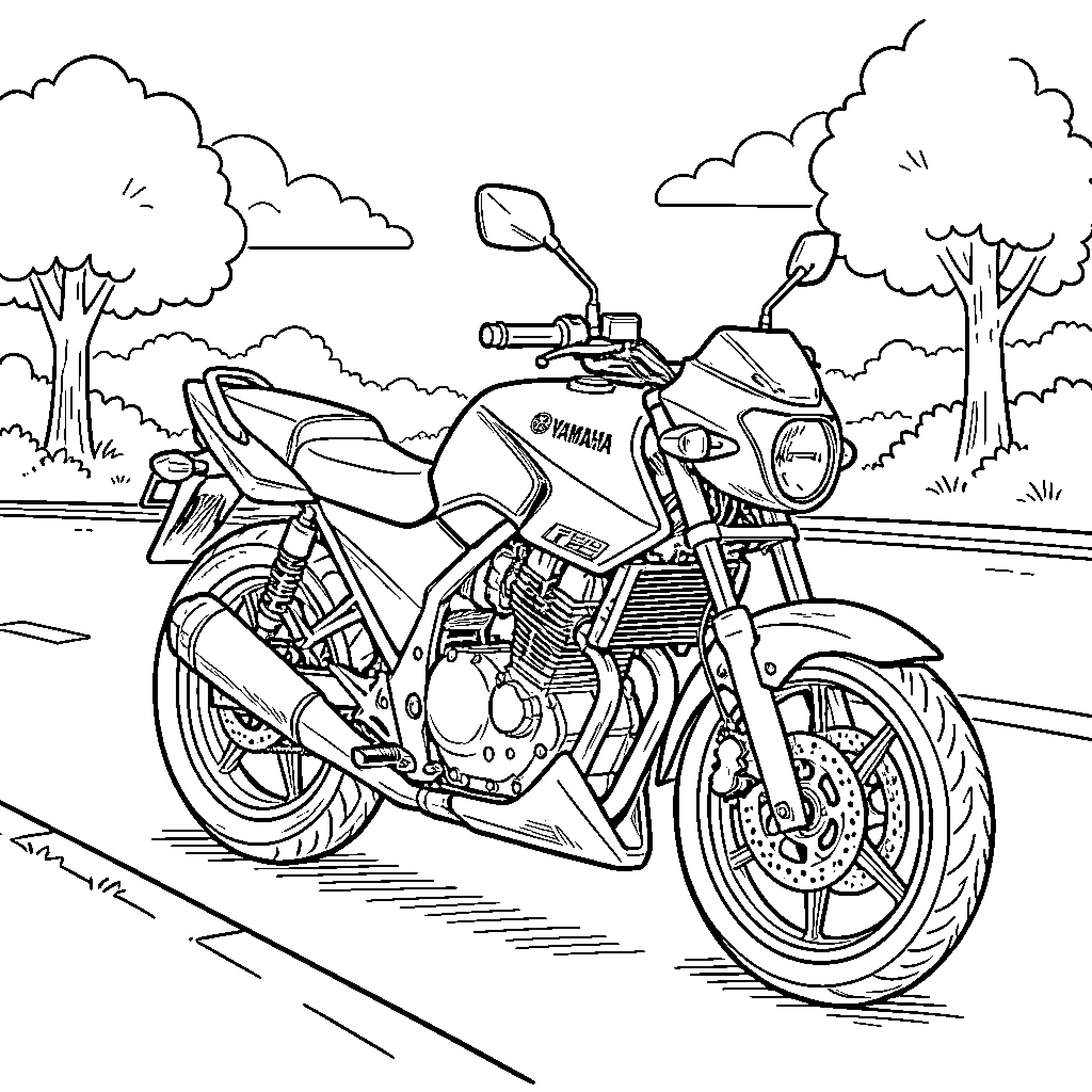 Yamaha FZ parked on a quiet roadside Coloring Page (free black-and-white line drawing printable PDF for all, from beginners to advanced learners, including children, teens, adults, and seniors)
