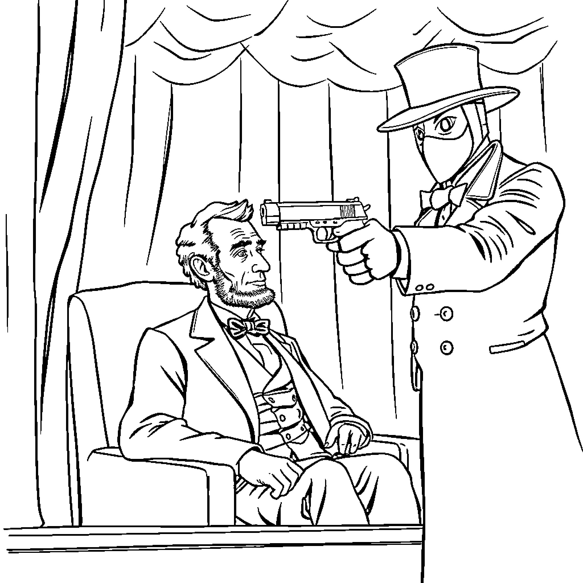 Abraham Lincoln threatened by mysterious gunman in dark room Coloring Page (free black-and-white line drawing printable PDF for all, from beginners to advanced learners, including children, teens, adults, and seniors)