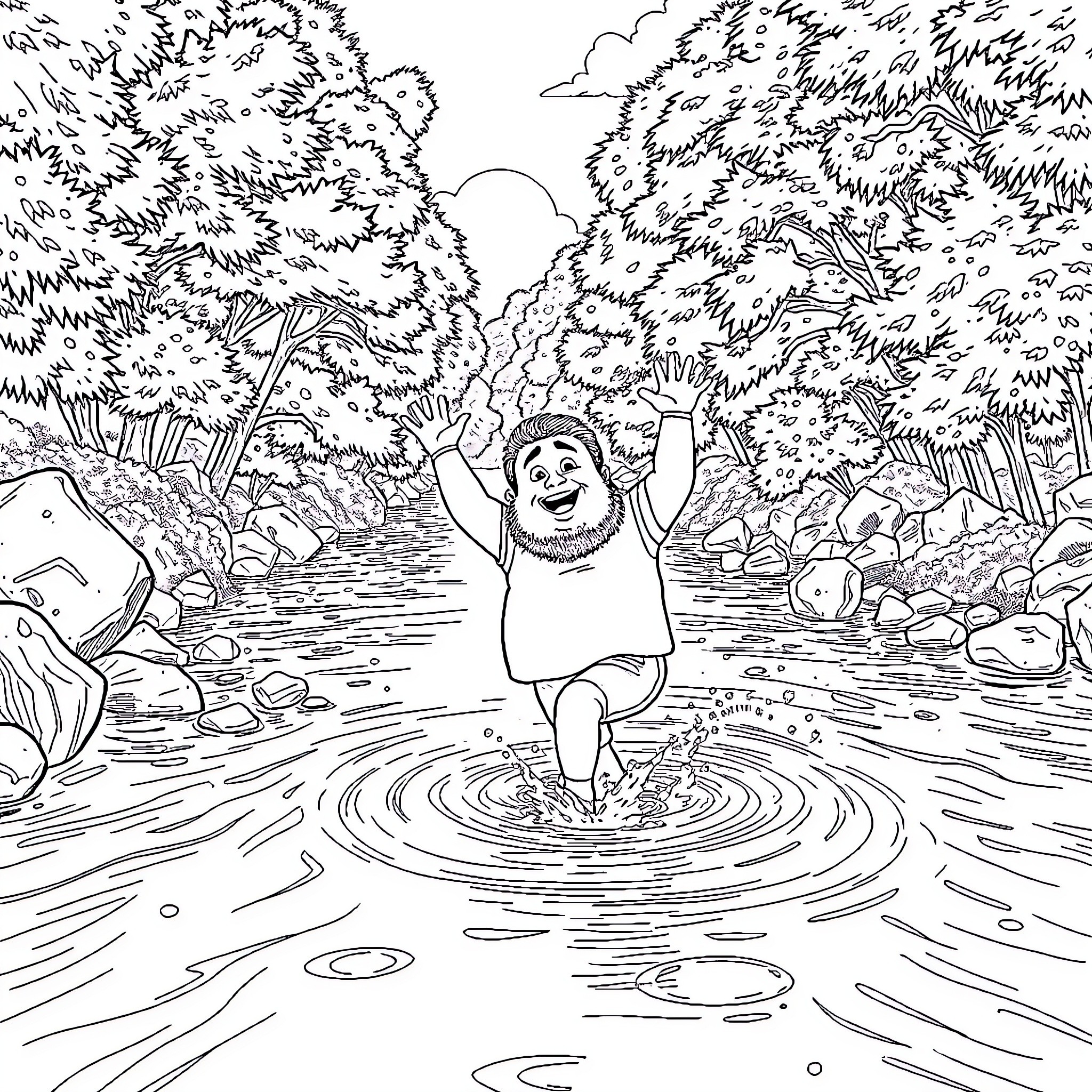 Jonah Hill enjoying a playful swim in nature Coloring Page (free black-and-white line drawing printable PDF for all, from beginners to advanced learners, including children, teens, adults, and seniors)