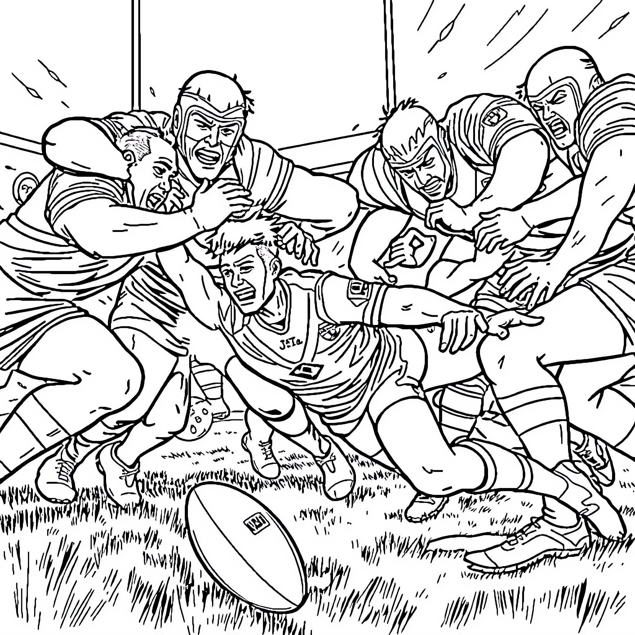 Rugby Players Engaged in Intense Gameplay Coloring Page (free black-and-white line drawing printable PDF for all, from beginners to advanced learners, including children, teens, adults, and seniors)