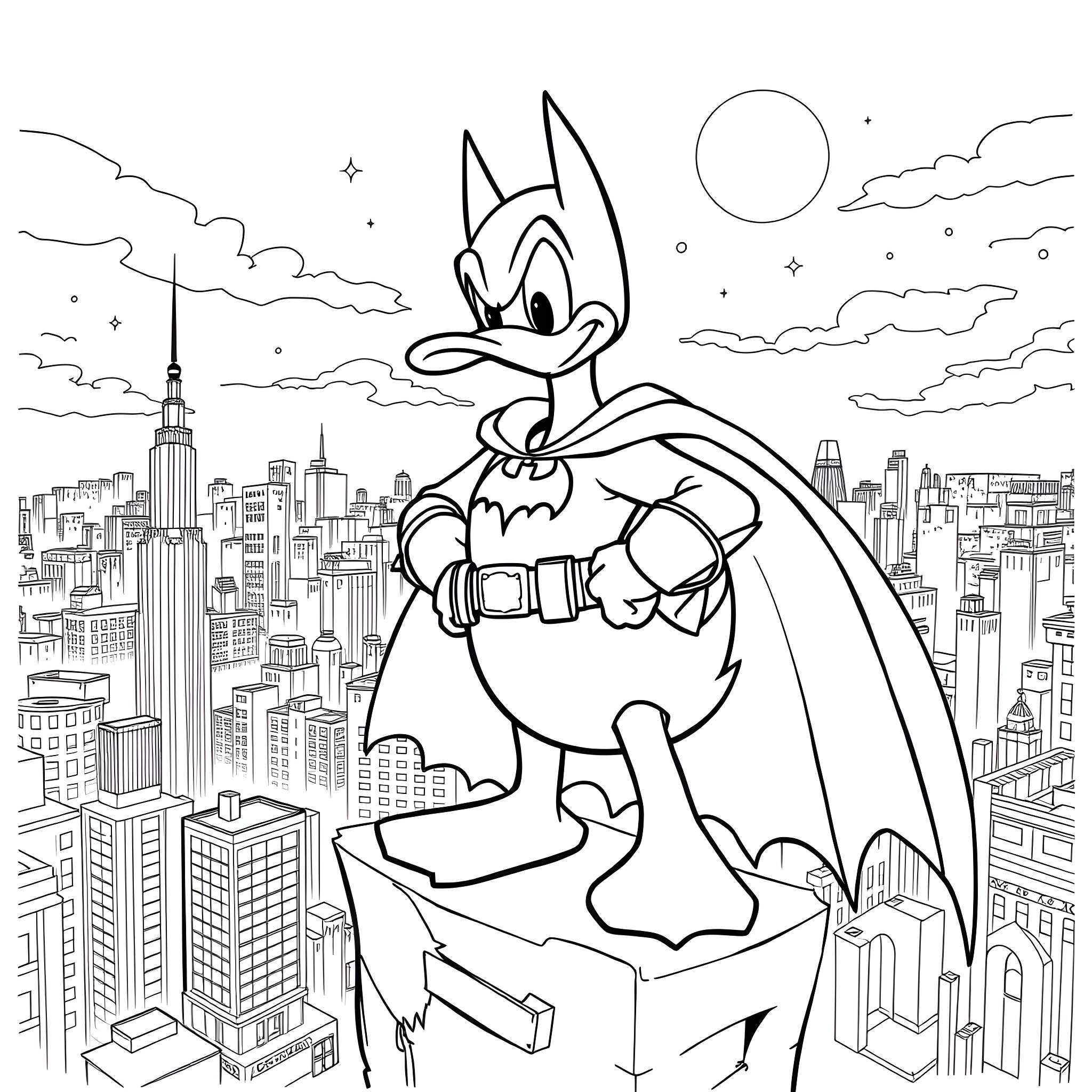 Donald Duck as a superhero overlooking the city Coloring Page (free black-and-white line drawing printable PDF for all, from beginners to advanced learners, including children, teens, adults, and seniors)