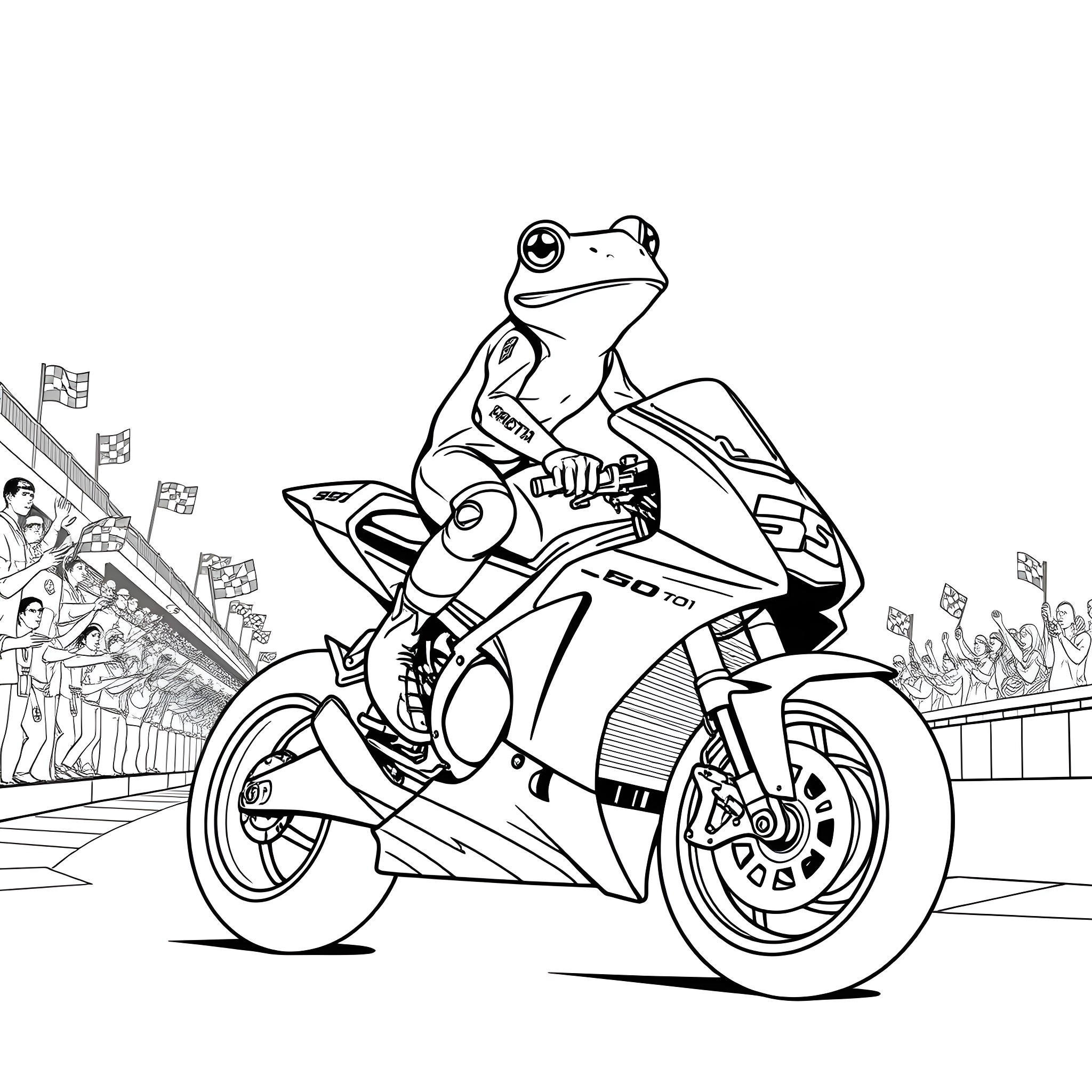 Frog racing on a motorcycle in a stadium Coloring Page (free black-and-white line drawing printable PDF for all, from beginners to advanced learners, including children, teens, adults, and seniors)