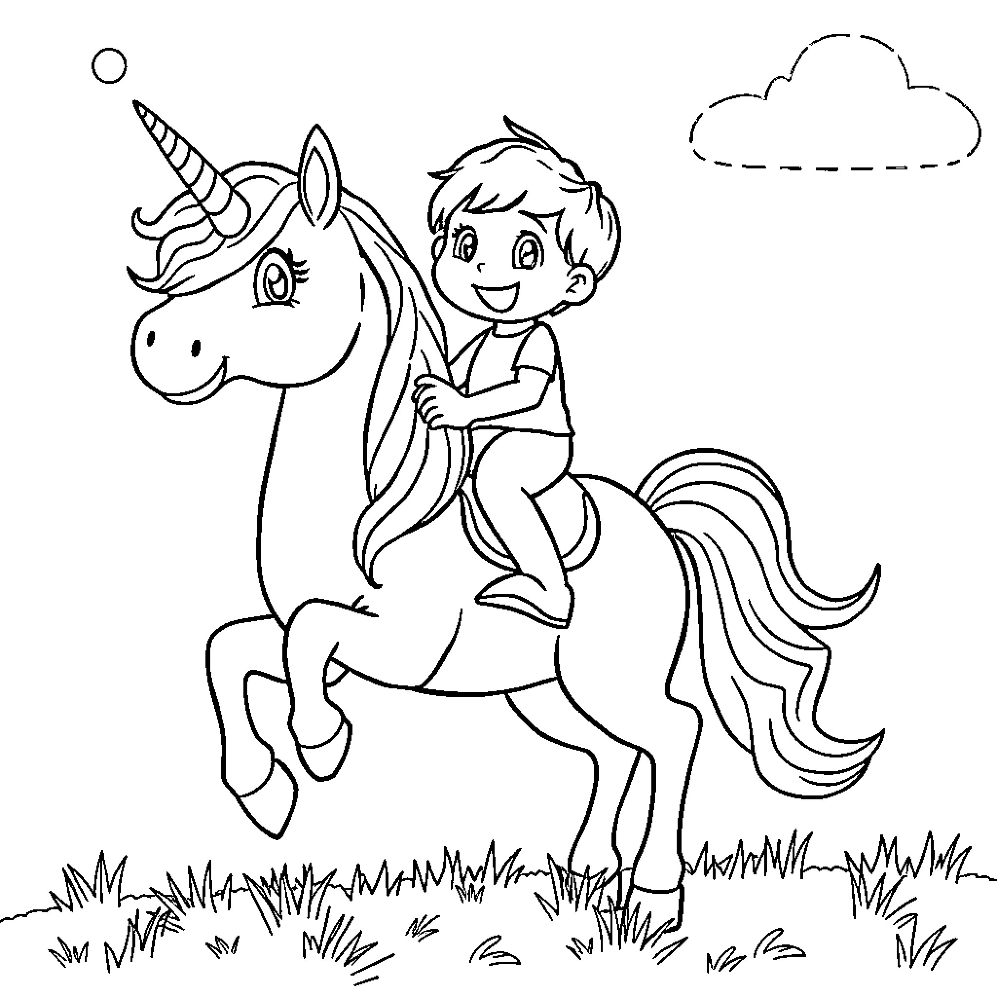 Bingo - Boy riding a Unicorn happily in the park Coloring Page (free black-and-white line drawing printable PDF for all, from beginners to advanced learners, including children, teens, adults, and seniors)