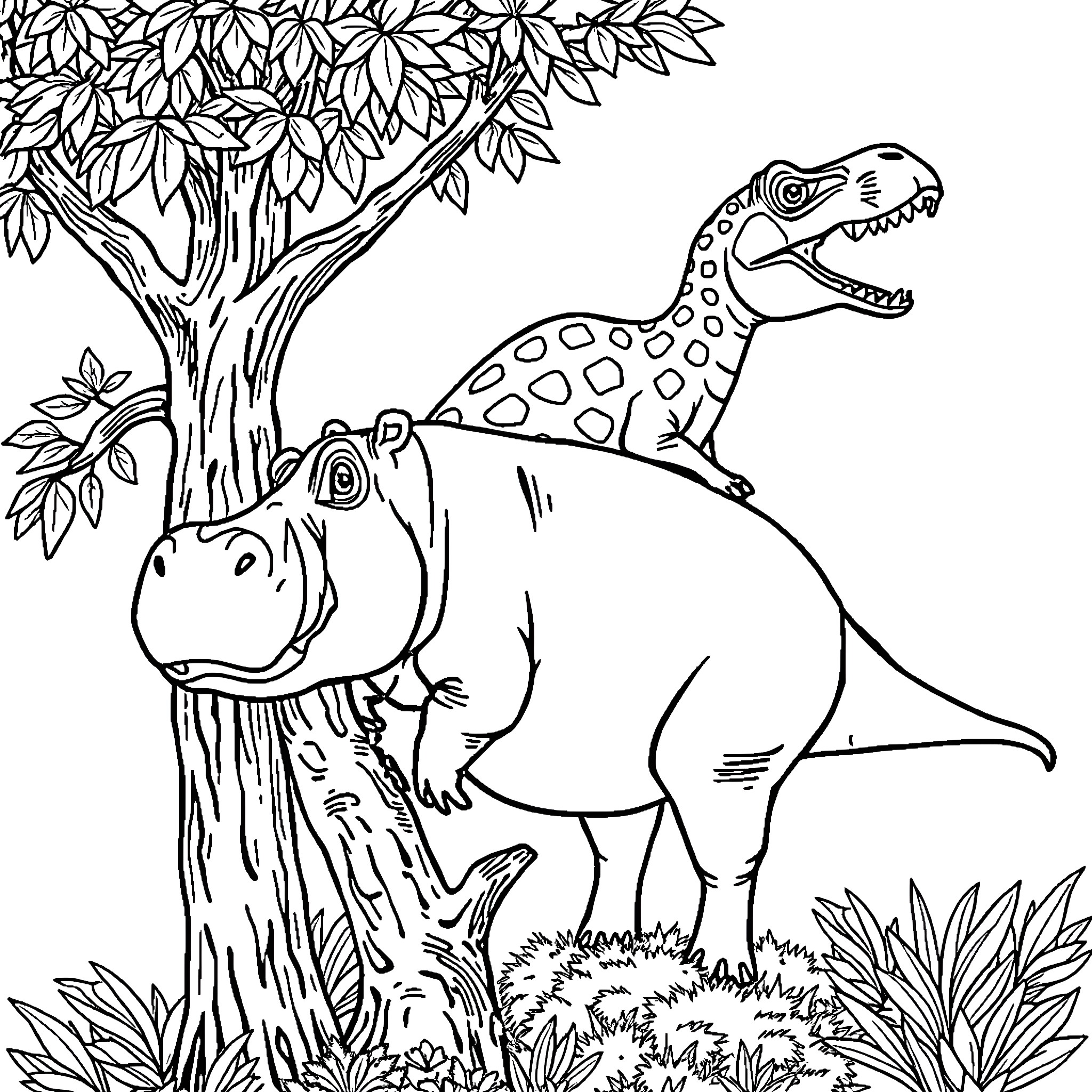 Hippo and dinosaur in the forest Coloring Page (free black-and-white line drawing printable PDF for all, from beginners to advanced learners, including children, teens, adults, and seniors)