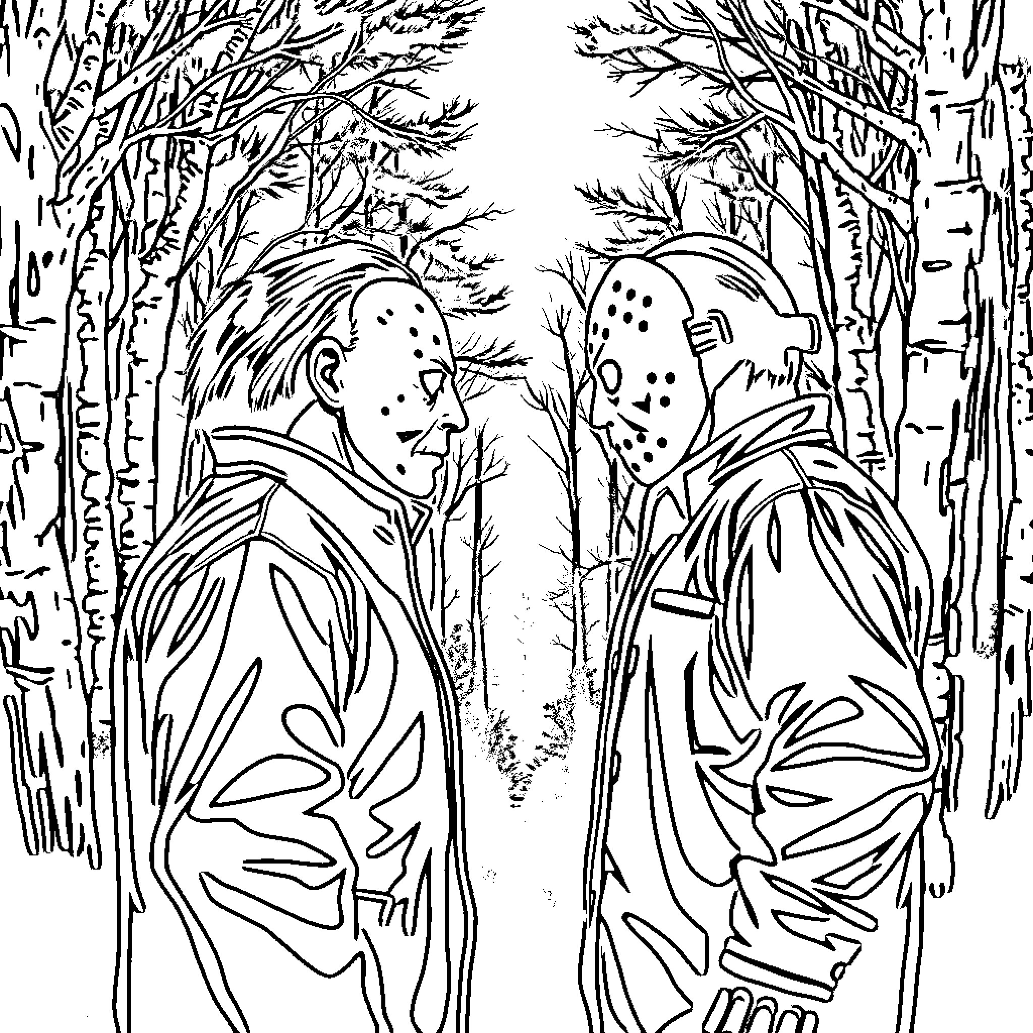 Michael Myers stalking through the spooky forest Coloring Page (free black-and-white line drawing printable PDF for all, from beginners to advanced learners, including children, teens, adults, and seniors)