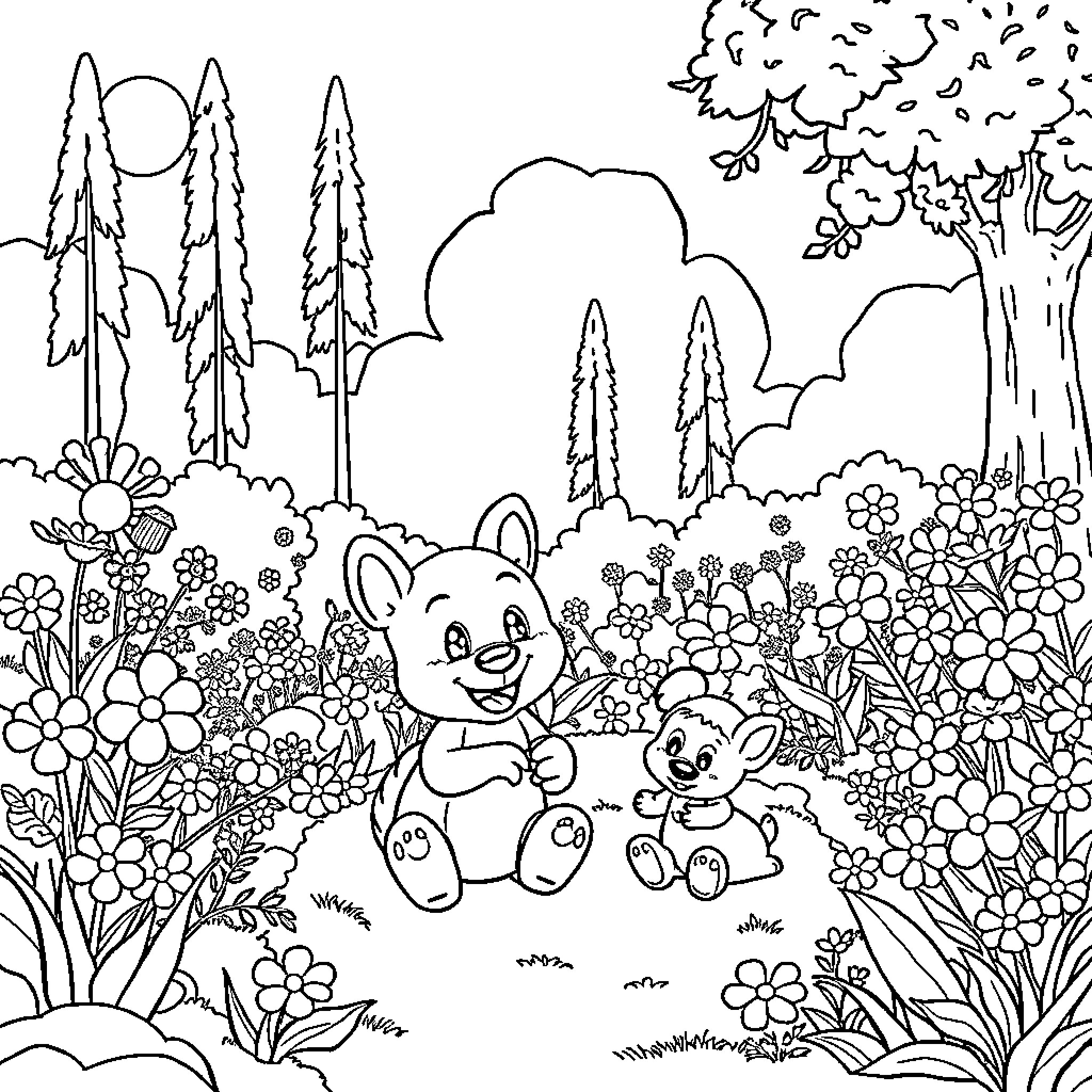 Bluey's Enchanted Forest Adventure Coloring Page (free black-and-white line drawing printable PDF for all, from beginners to advanced learners, including children, teens, adults, and seniors)