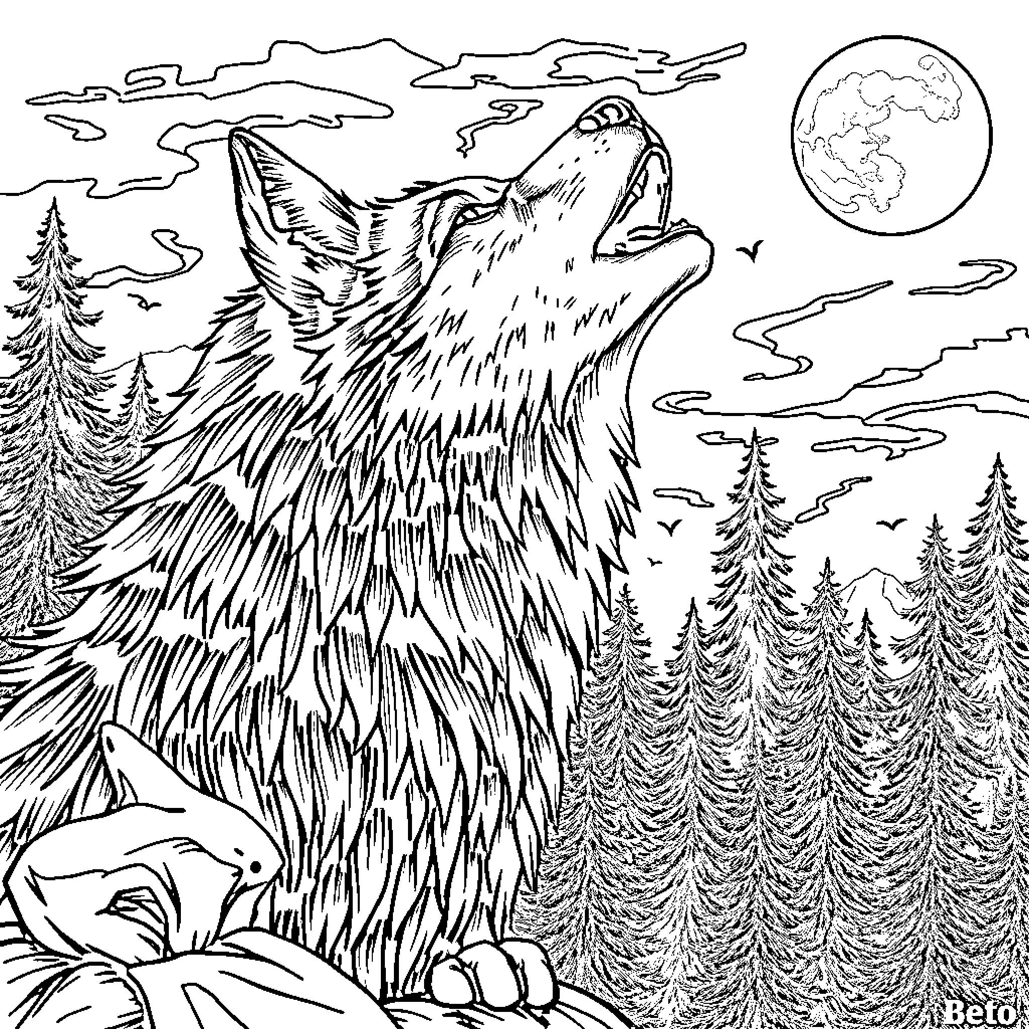 Wolf howling under the night sky Coloring Page (free black-and-white line drawing printable PDF for all, from beginners to advanced learners, including children, teens, adults, and seniors)