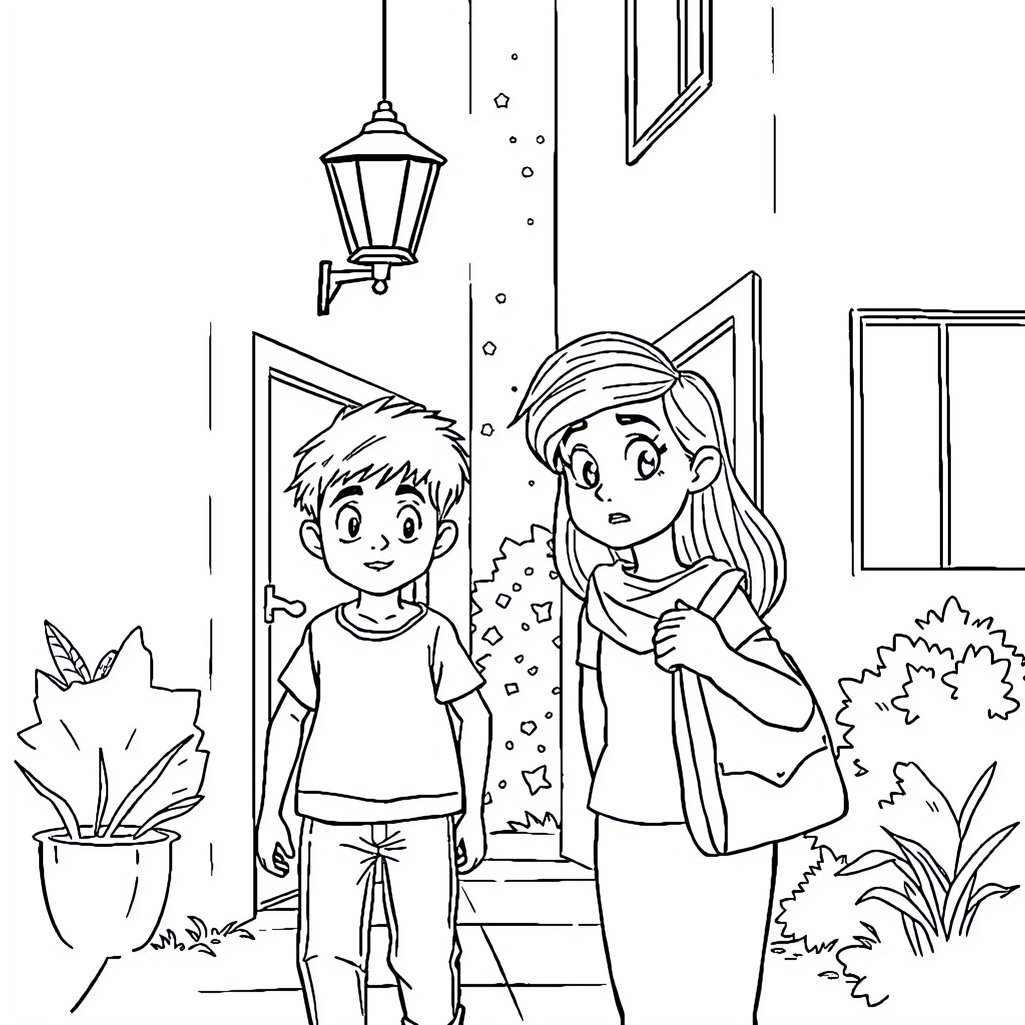 Joven jugando afuera con amiga en el jardín Coloring Page (free black-and-white line drawing printable PDF for all, from beginners to advanced learners, including children, teens, adults, and seniors)