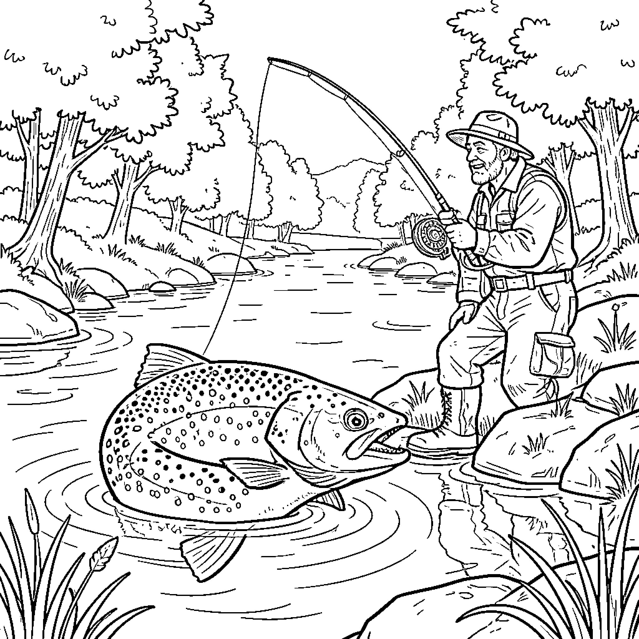 Salmon Fishing Adventure in the Forest Stream Coloring Page (free black-and-white line drawing printable PDF for all, from beginners to advanced learners, including children, teens, adults, and seniors)