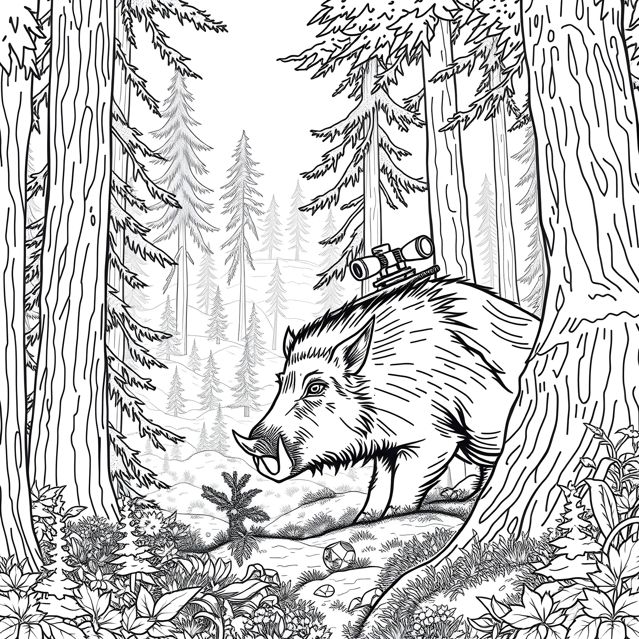 Boar foraging in the enchanted forest Coloring Page (free black-and-white line drawing printable PDF for all, from beginners to advanced learners, including children, teens, adults, and seniors)